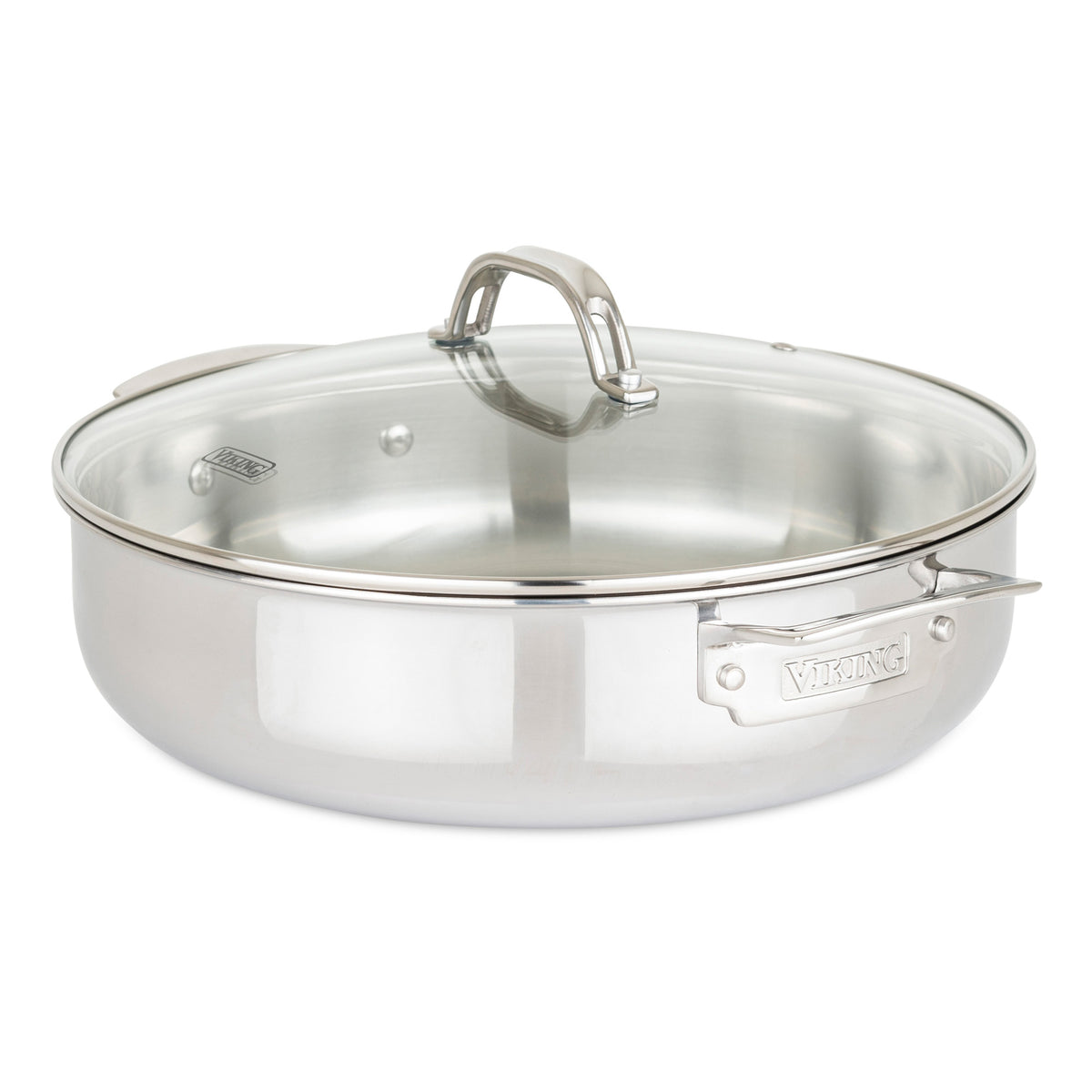 The Viking 3-Ply Stainless Steel 17-Piece Cookware Set with Glass Lids by Viking Culinary Products is shown on a white background, featuring shiny pans with visible branding and ergonomic Stay-Cool Handles.