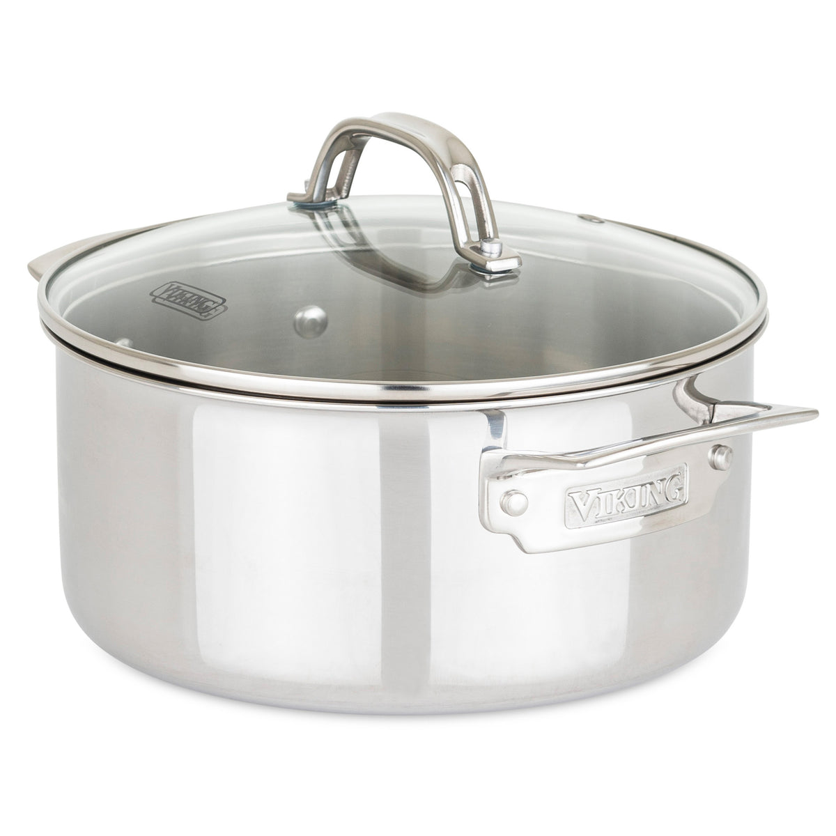 The Viking 3-Ply Stainless Steel 17-Piece Cookware Set with Glass Lids by Viking Culinary Products features sturdy Stay-Cool handles and the engraved Viking logo for style, plus glass lids with metal handles.