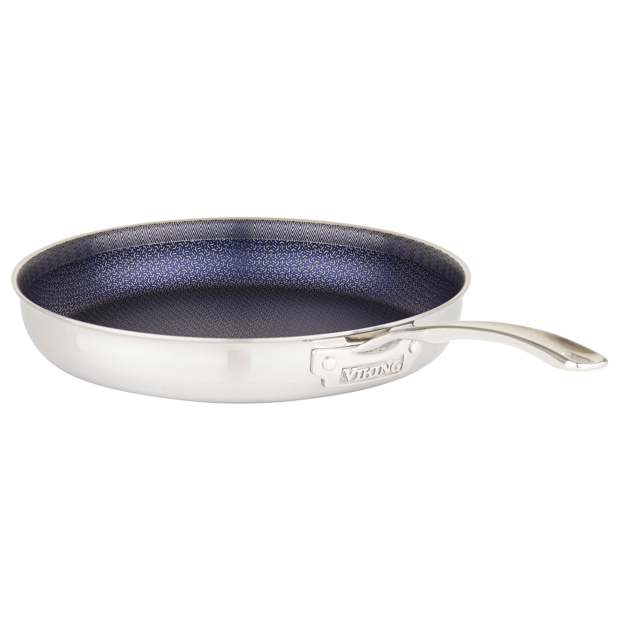 The Viking 3-Ply Hybrid Plus 12-inch Nonstick Fry Pan by Viking Culinary Products features a textured nonstick coating and a curved metal handle, shown here on a plain white background.