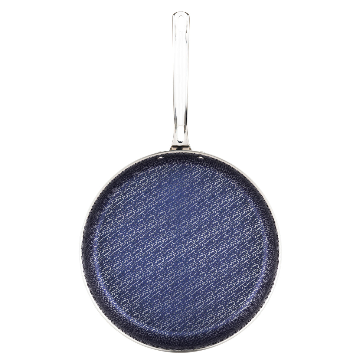 A top-down view of the Viking Culinary Products Viking 3-Ply Hybrid Plus 12-inch Nonstick Fry Pan shows its textured dark blue cooking surface and shiny silver handle, highlighting its durable 3-Ply construction.