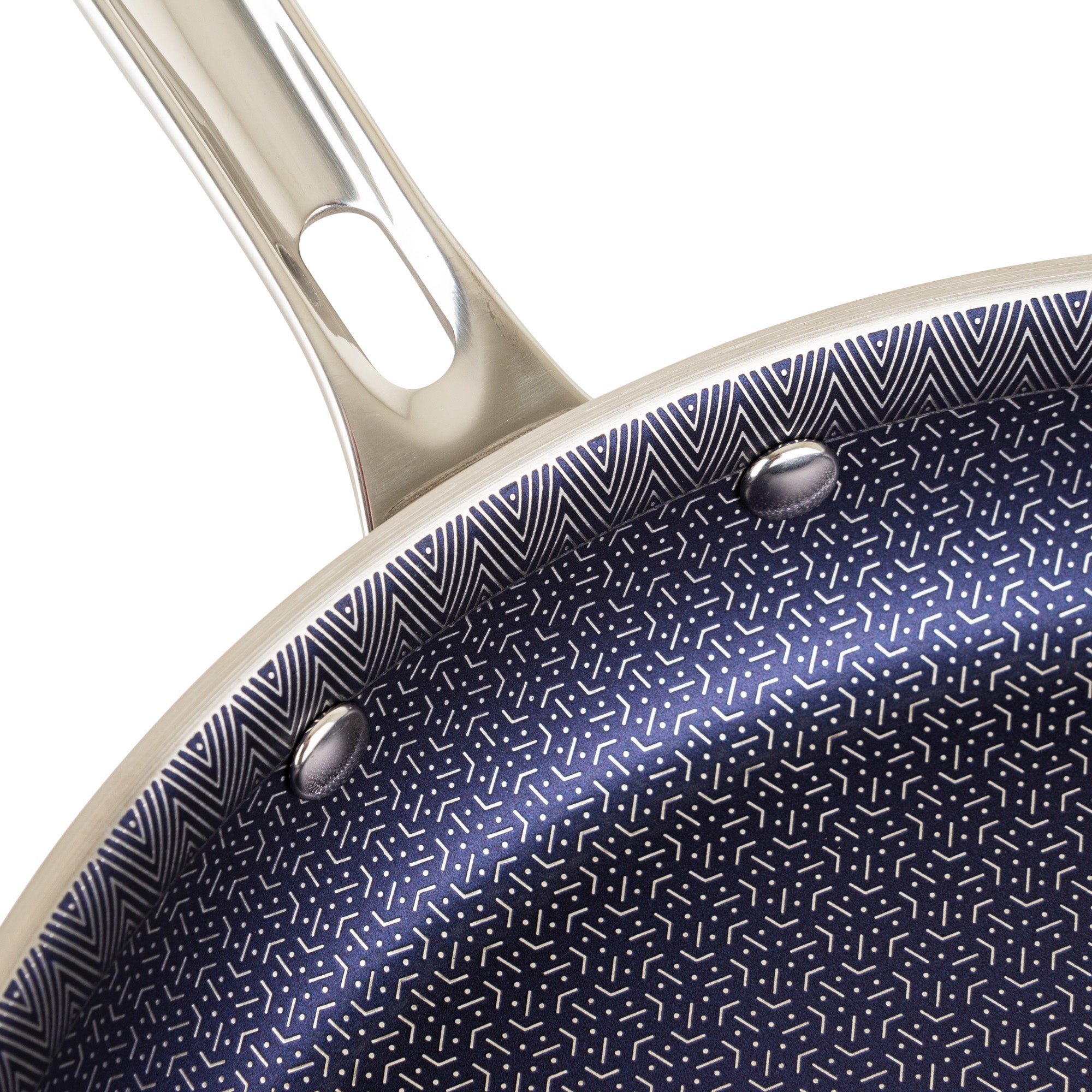 Close-up of the Viking Culinary Products 3-Ply Hybrid Plus 12-inch Nonstick Fry Pan, featuring a metal handle, geometric white patterned dark nonstick interior, and induction compatibility for versatile cooking.