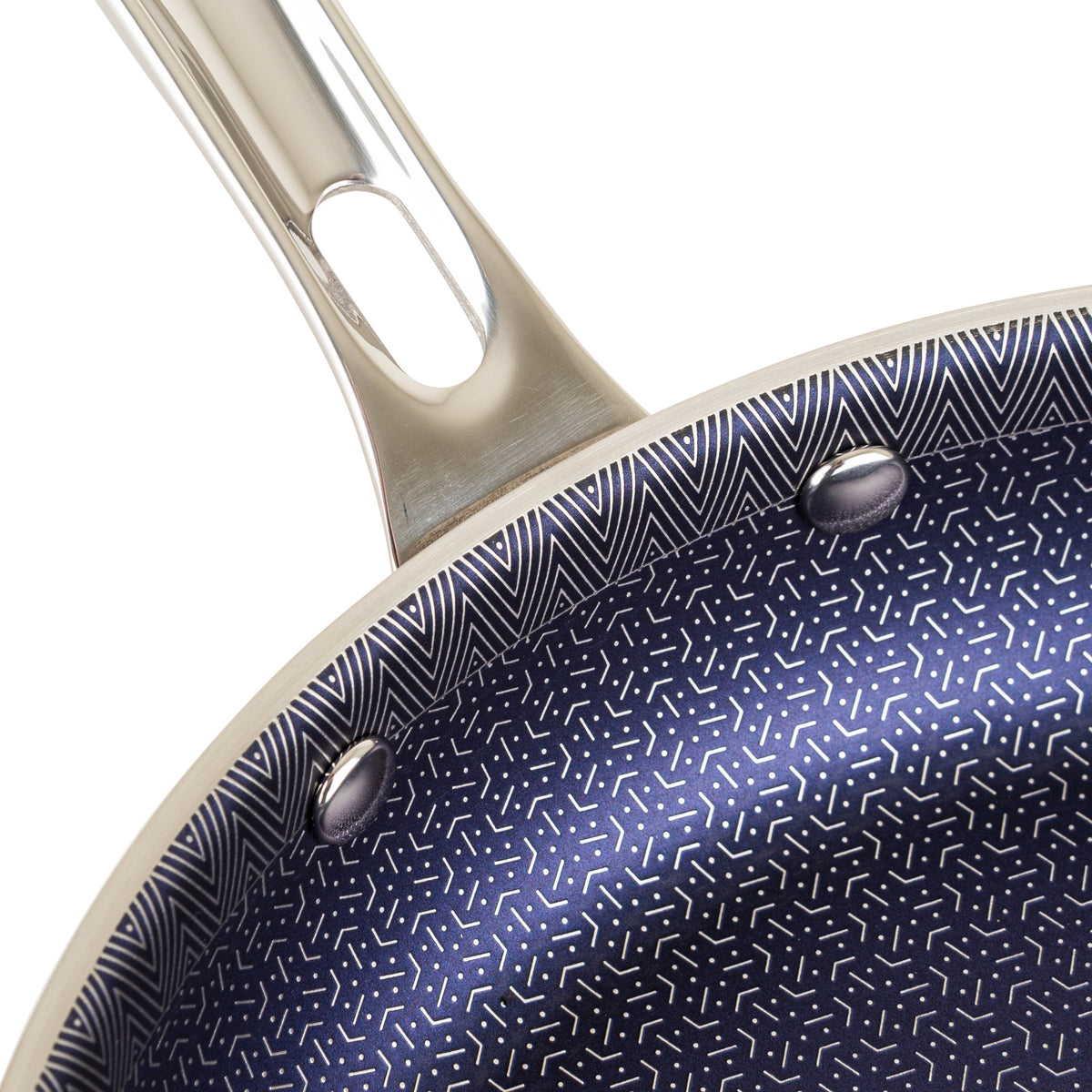 Close-up of Viking 3-Ply Hybrid Plus Nonstick Fry Pan Set (9.5 & 11) by Viking Culinary Products, featuring a metallic handle and a nonstick surface with a geometric white line and dot pattern; induction capable.