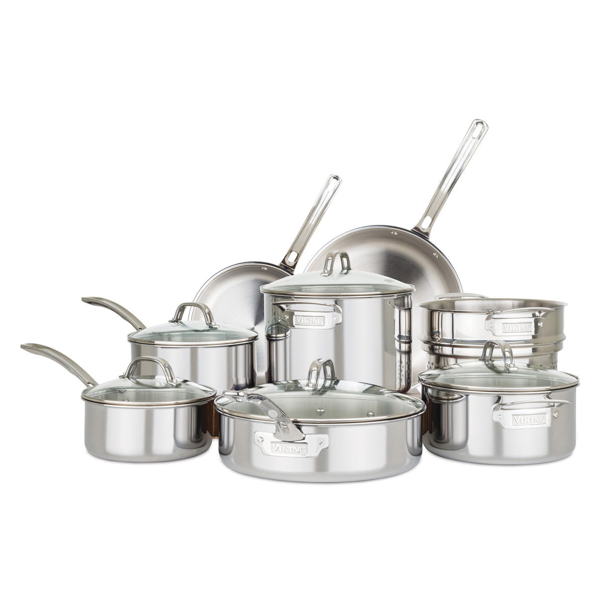 The Viking 3-Ply Stainless Steel 13-Piece Cookware Set from Viking Culinary Products features dishwasher safe saucepans, sauté pans, frying pans, a stock pot, and glass lids, all displayed together against a white background.