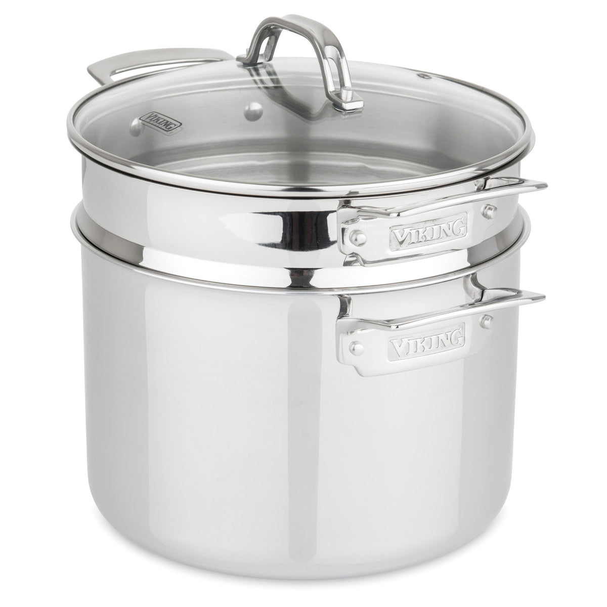 The Viking Culinary Products 3-Ply Stainless Steel 13-Piece Cookware Set includes glass lids, polished surfaces, two handles per pot, and is dishwasher safe for easy cleaning.
