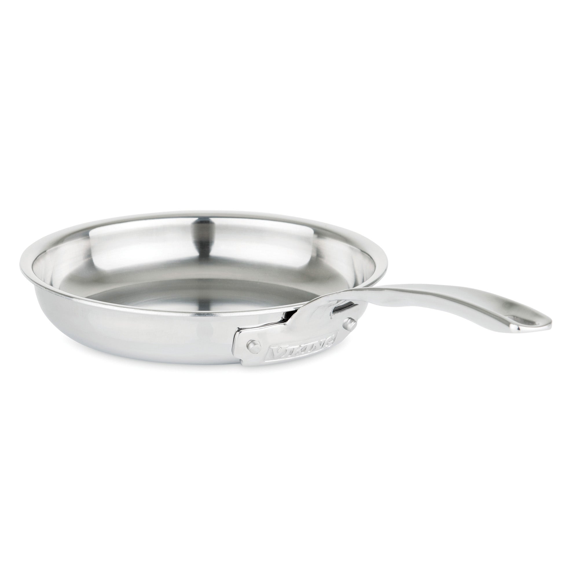 The Viking 3-Ply Stainless Steel 13-Piece Cookware Set with Glass Lids by Viking Culinary Products is displayed on a plain white background, featuring sleek stainless steel pieces with wide bases and curved handles.