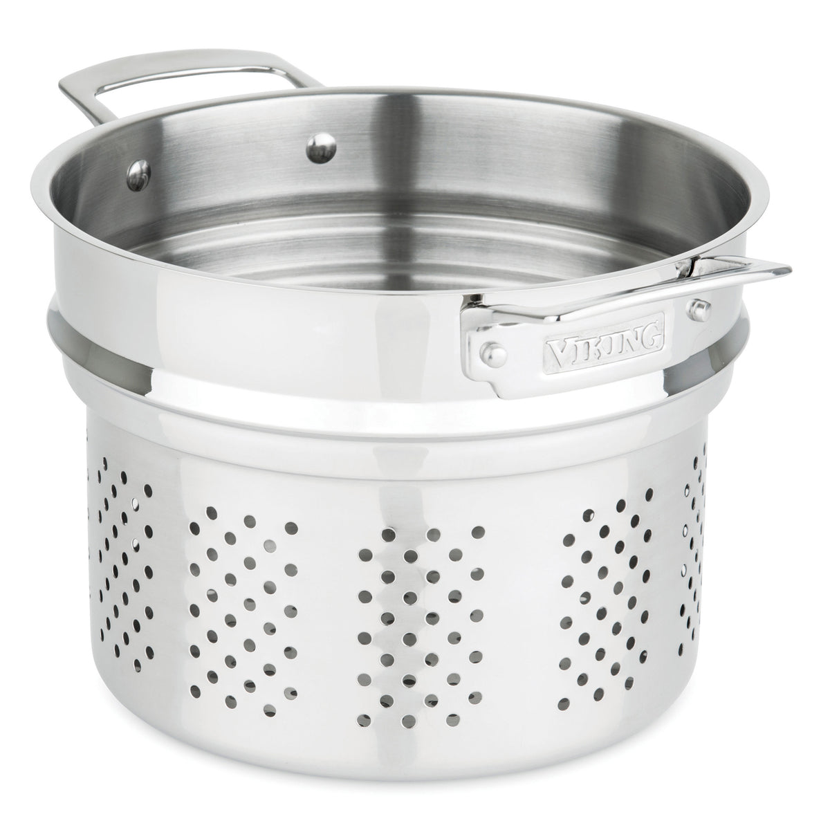 The Viking Culinary Products 3-Ply Stainless Steel 13-Piece Cookware Set with Glass Lids features induction compatibility, sturdy handles, and even heat distribution—perfect for the modern kitchen. Brand engraving appears on one handle.