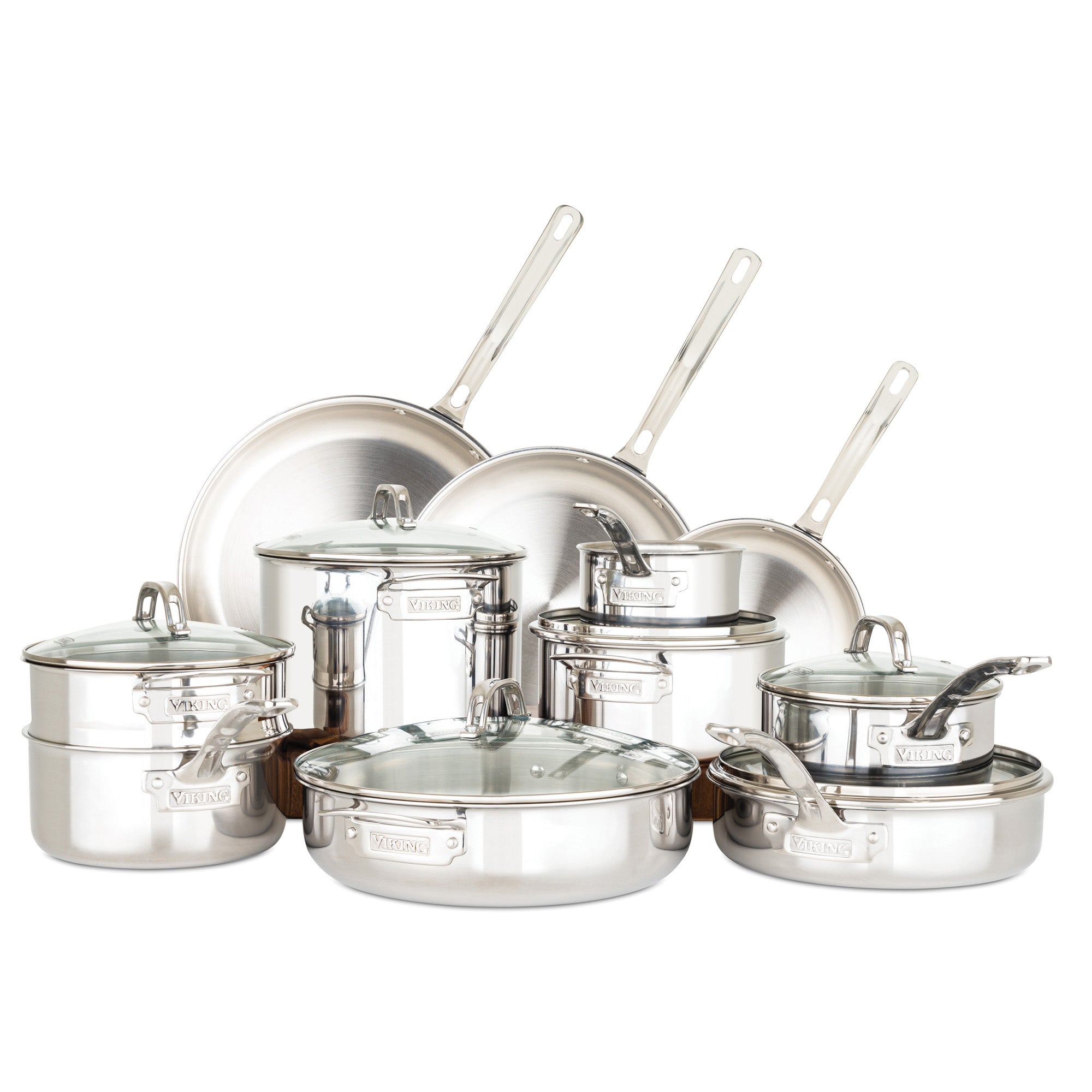 The Viking Culinary Products 3-Ply Stainless Steel 17-Piece Cookware Set features fry pans, saucepans, and pots with glass lids and Stay-Cool Handles, all arranged together on a white background.