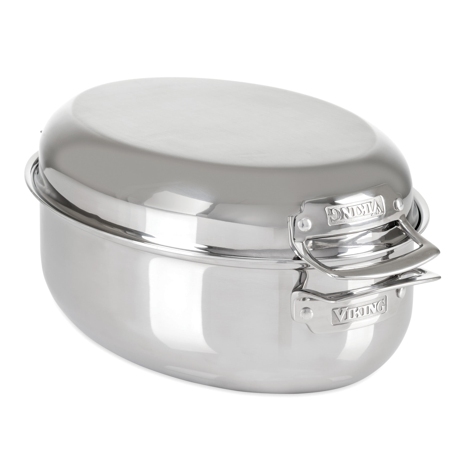 The Viking Culinary Products 3-Ply 8.5-Quart 3-in-1 Oval Roaster with Rack features a polished stainless steel finish, sturdy engraved handles, and a matching induction lid for sleek style and versatility.