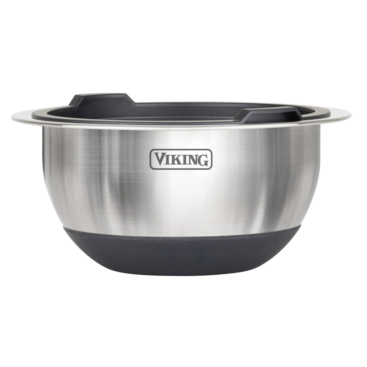 The Viking Culinary Products 10-Piece Stainless Steel Mixing Bowl Set with Lids, Black, features integrated rim handles for easy grip, a black silicone base for stability, and showcases the Viking logo on the front.