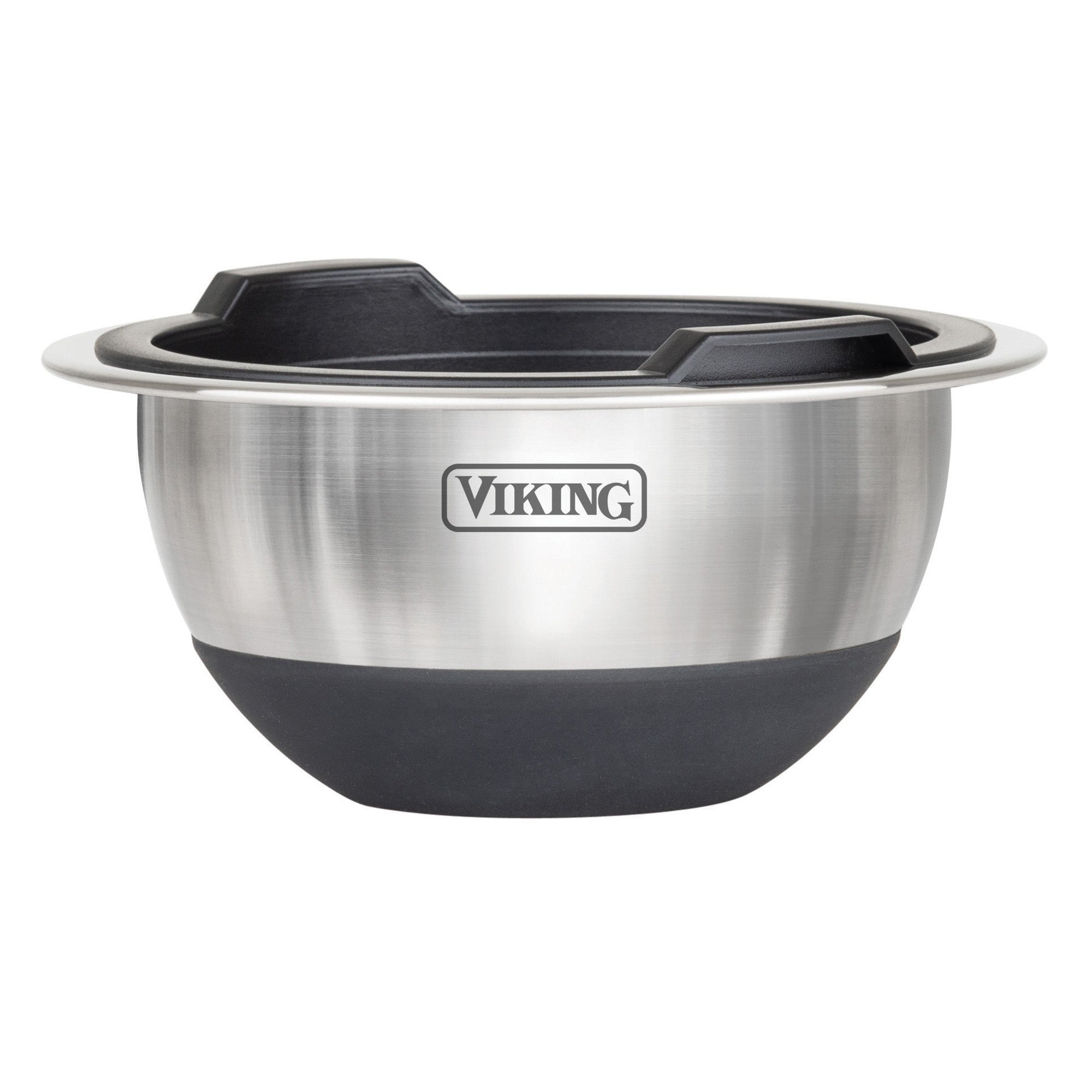 The Viking 10-Piece Stainless Steel Mixing Bowl Set with Lids, Black, by Viking Culinary Products is shown on a white background with a black silicone base and the Viking logo on the side.