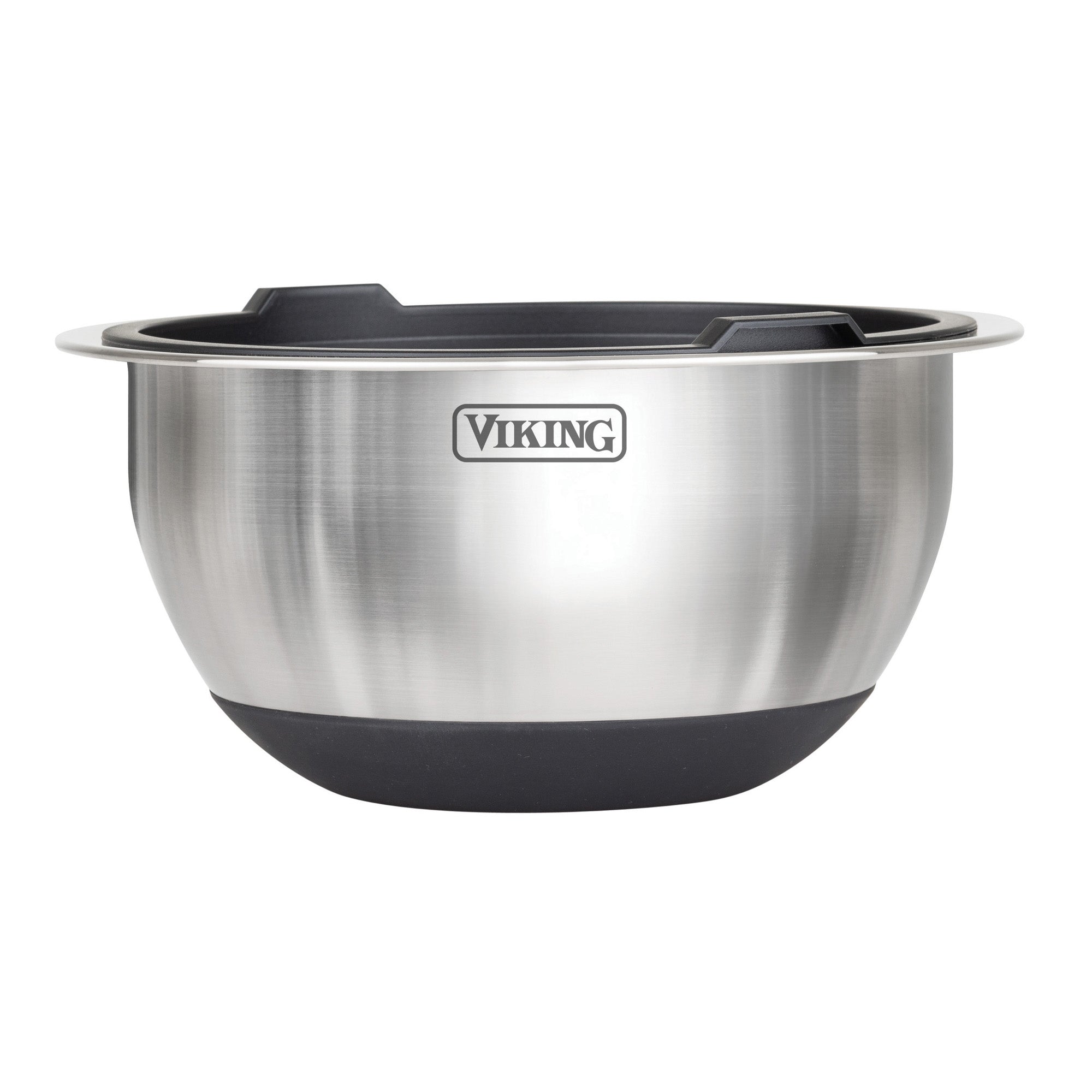 The Viking Culinary Products 10-Piece Stainless Steel Mixing Bowl Set with Lids features black silicone non-slip bases and the Viking logo, offering premium quality—ideal for those seeking reliable mixing bowls.