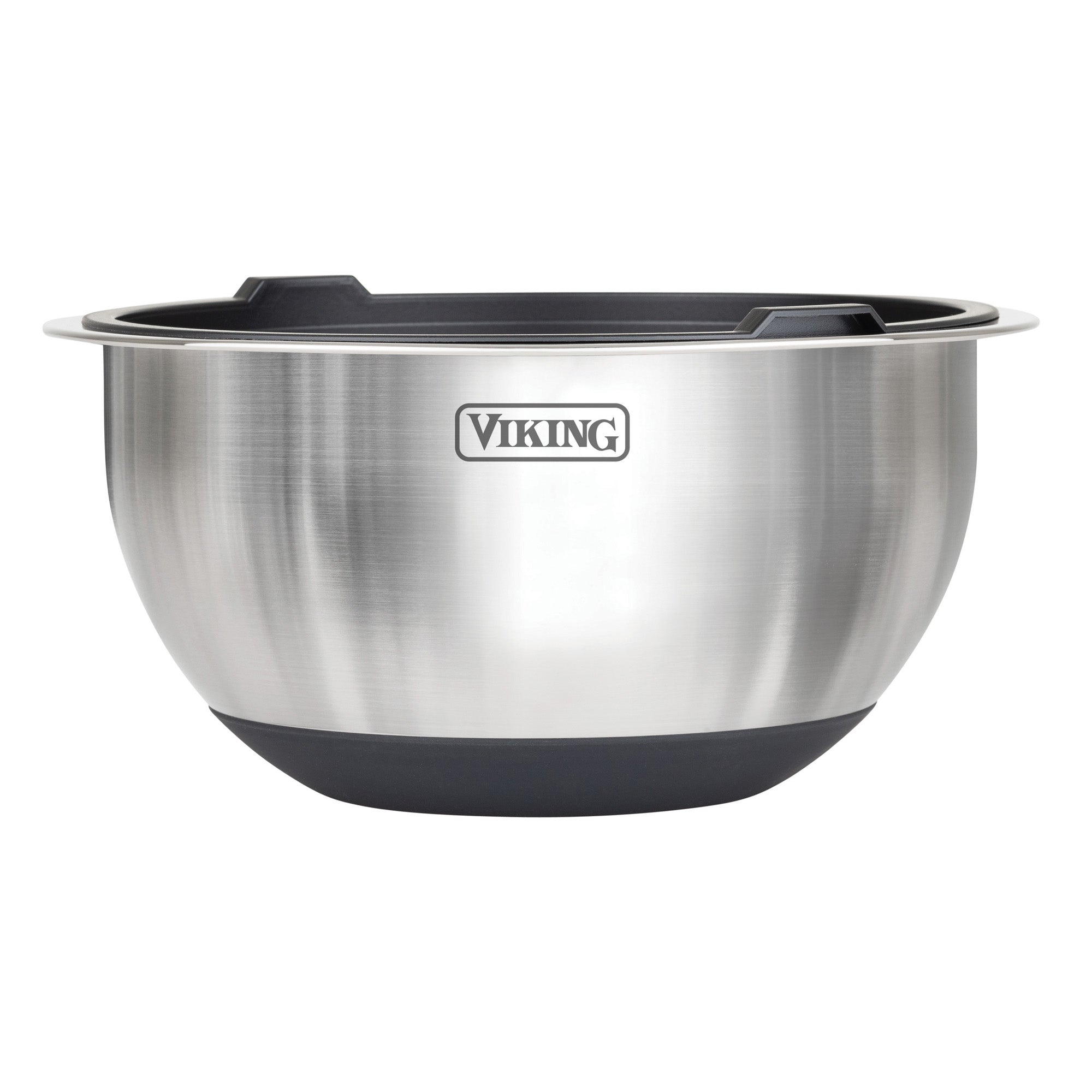 The Viking 10-Piece Stainless Steel Mixing Bowl Set with Lids, Black by Viking Culinary Products is shown against a white background, featuring the brand logo on the side and black silicone bases.