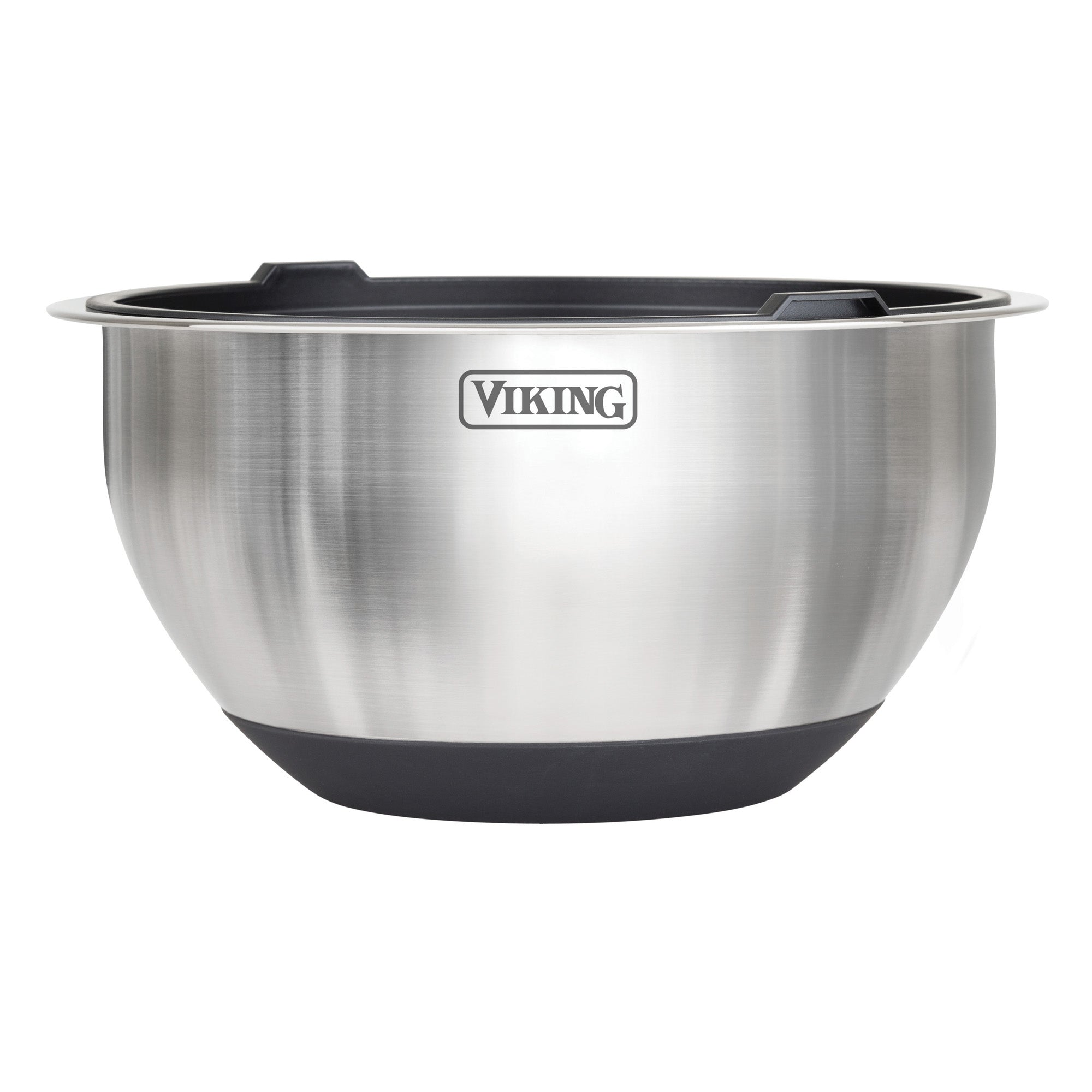 The Viking Culinary Products 10-Piece Stainless Steel Mixing Bowl Set with Lids features black silicone bases and rim handles, combining premium quality and functionality; shown isolated on a white background.