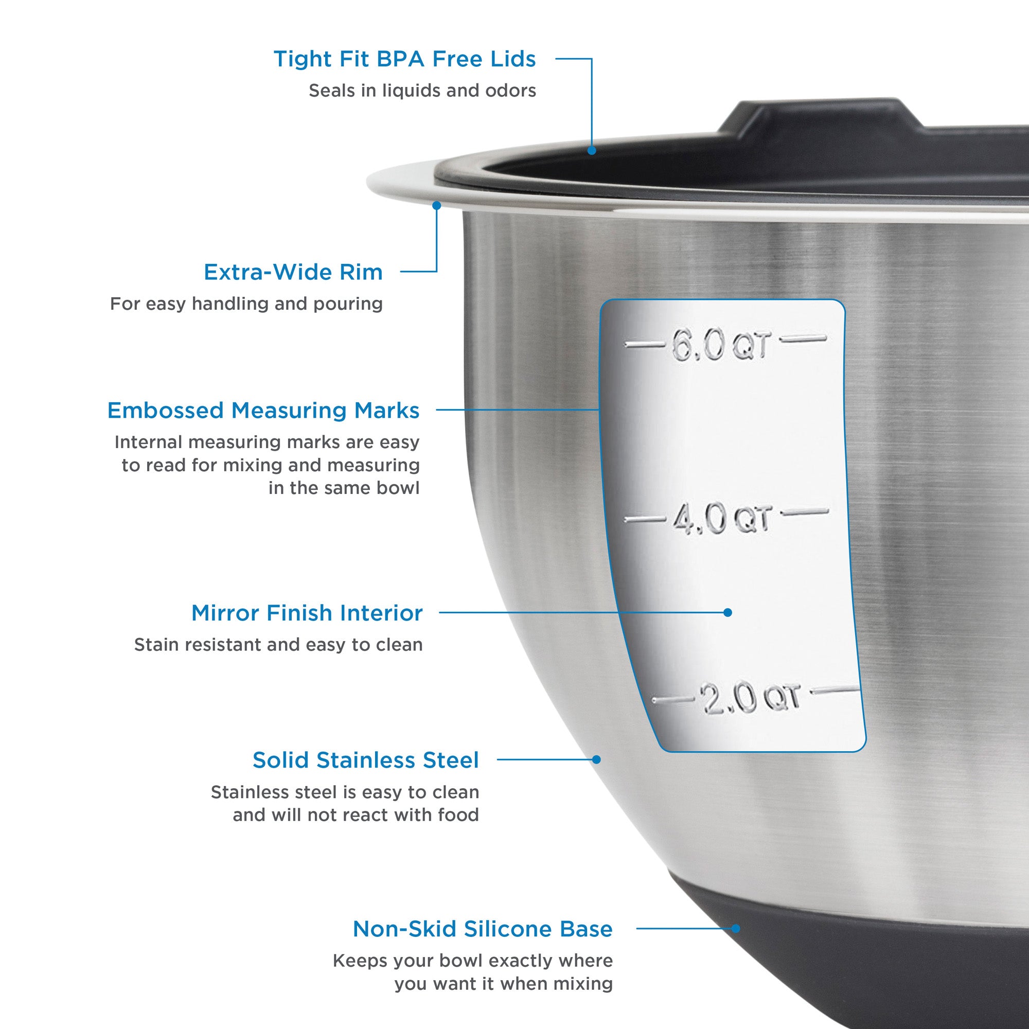 The Viking 10-Piece Stainless Steel Mixing Bowl Set with Lids by Viking Culinary Products features measurement marks, a non-skid silicone base, airtight lids, extra-wide rims, embossed marks, and a mirror finish interior.