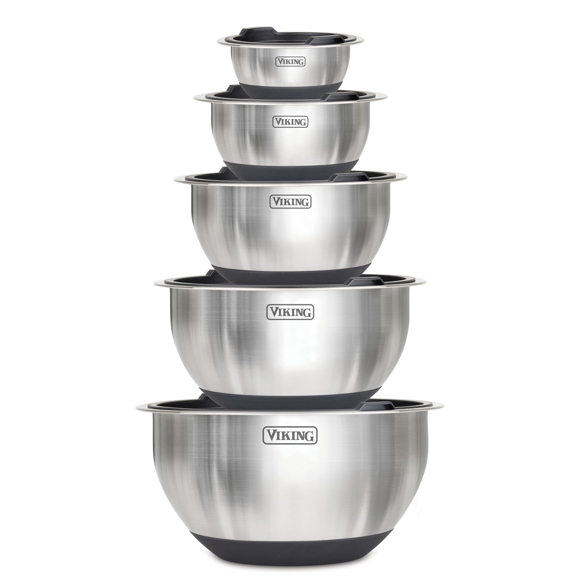 The Viking 10-Piece Stainless Steel Mixing Bowl Set with Lids by Viking Culinary Products features five bowls with silicone bases and airtight lids, stackable from largest to smallest, each displaying the Viking logo on the front.