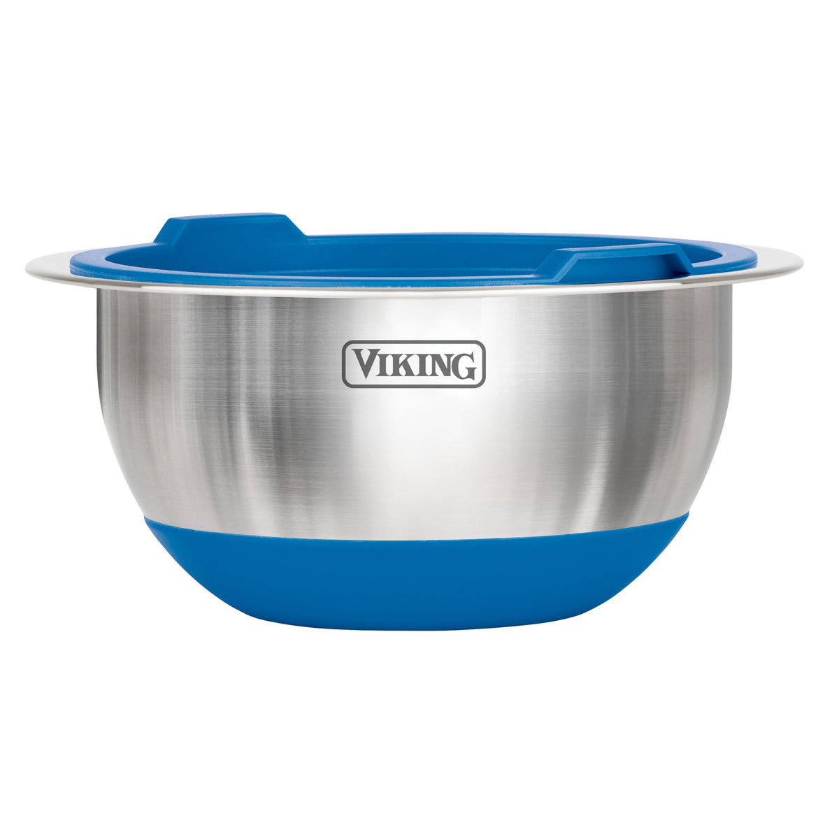 The Viking 10-Piece Stainless Steel Mixing Bowl Set with Lids, Blue from Viking Culinary Products features airtight lids, non-slip blue silicone bases, and the Viking logo—an essential upgrade to your mixing bowl collection.
