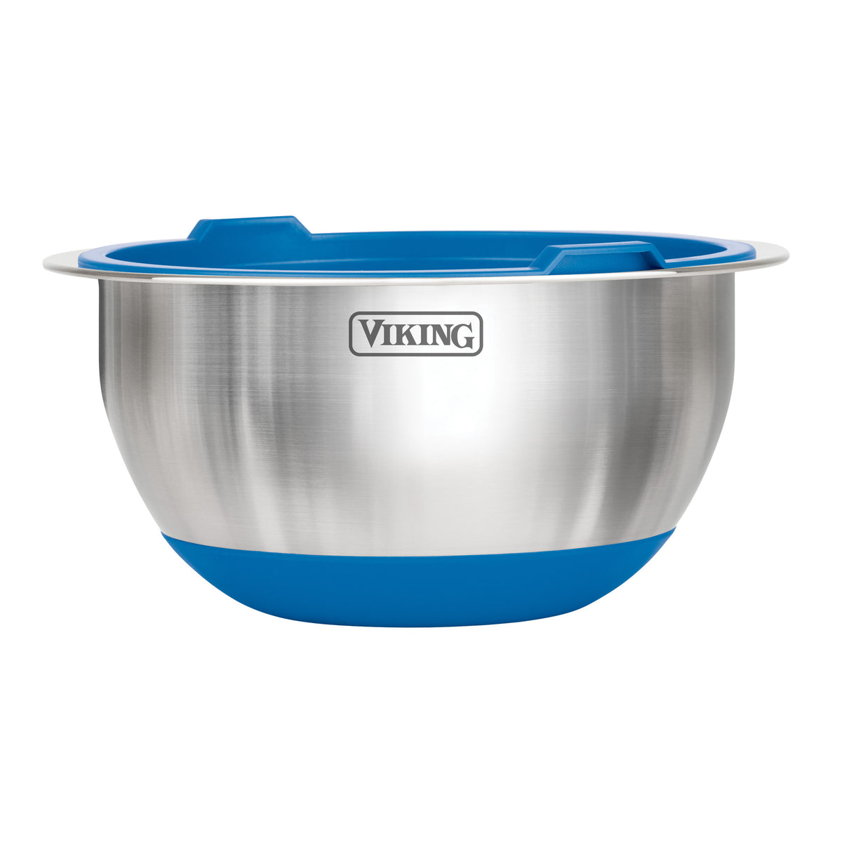The Viking 10-Piece Stainless Steel Mixing Bowl Set with Lids by Viking Culinary Products features a blue silicone base and rim, plus the Viking logo on the front.