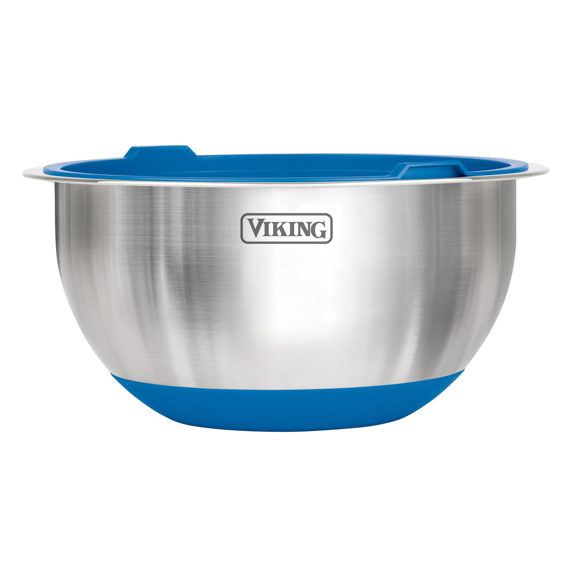 The Viking 10-Piece Stainless Steel Mixing Bowl Set with Lids by Viking Culinary Products features a blue base and rim for stability—ideal for those seeking premium mixing bowls.