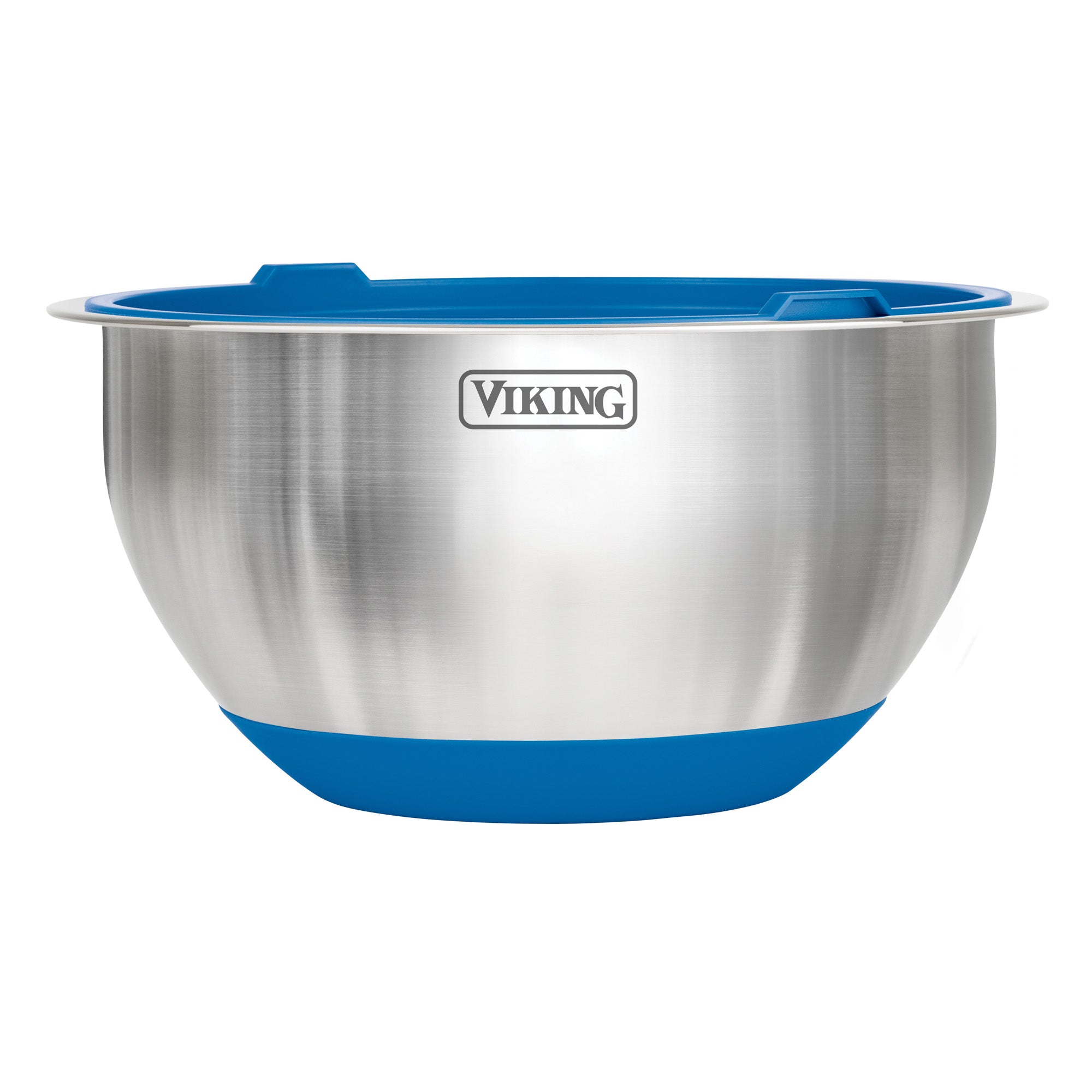 The Viking Culinary Products 10-Piece Stainless Steel Mixing Bowl Set with Lids, Blue, features bowls with blue silicone bases and rims—ideal for any kitchen and perfect for mixing or storing food securely. Shown against a white background.