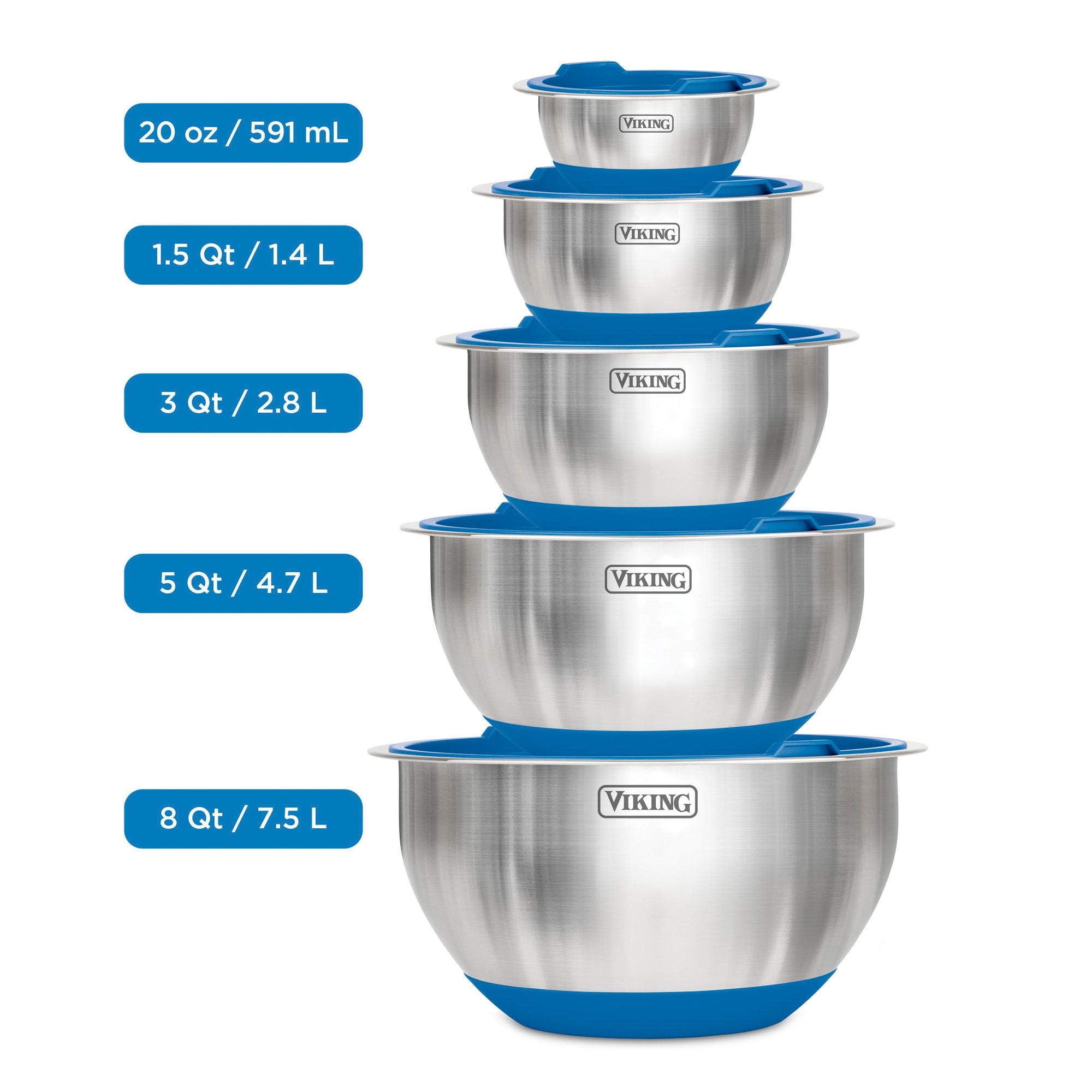 The Viking 10-Piece Stainless Steel Mixing Bowl Set with Lids by Viking Culinary Products features five bowls (20 oz, 1.5 Qt, 3 Qt, 5 Qt, 8 Qt) with sizes labeled and blue silicone bases—nesting for easy storage and organization.