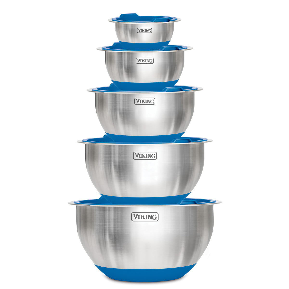 The Viking 10-Piece Stainless Steel Mixing Bowl Set with Lids by Viking Culinary Products includes nesting bowls, each with a blue silicone base and matching blue lid, stacked in descending size order.