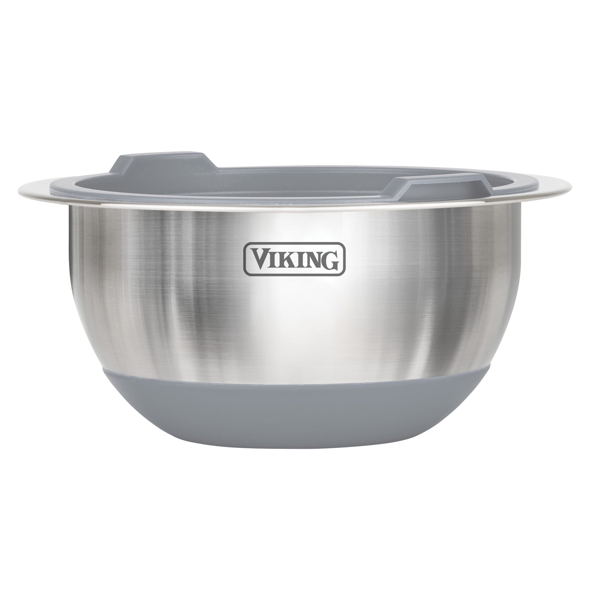 The Viking Culinary Products 10-Piece Stainless Steel Mixing Bowl Set with Lids, Gray, features brushed bowls with gray silicone bases, wide rims with built-in handles, lids, and the Viking logo. The set nests for easy storage.
