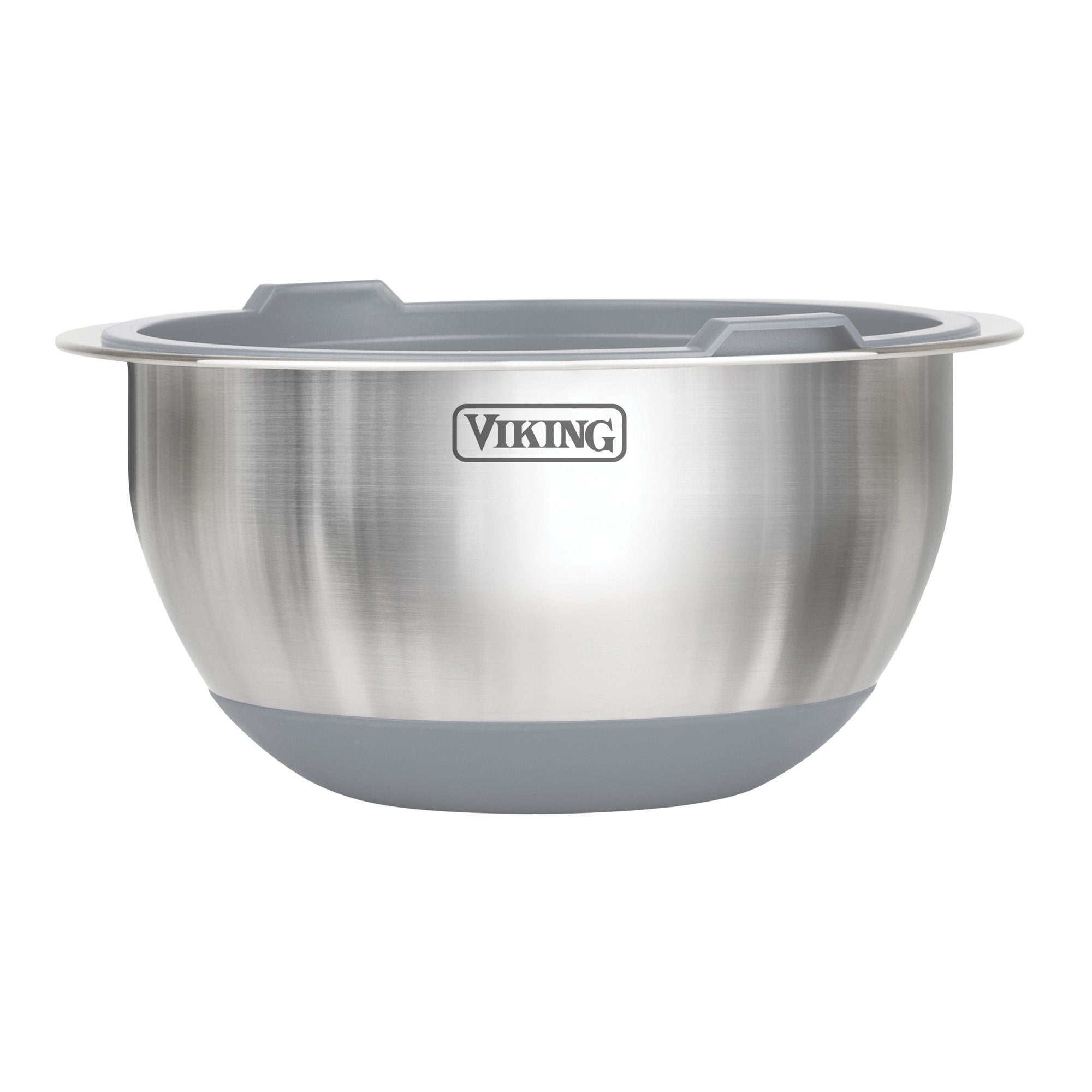 The Viking Culinary Products 10-Piece Stainless Steel Mixing Bowl Set with Lids features gray silicone bases and built-in handles, displayed on a white background.