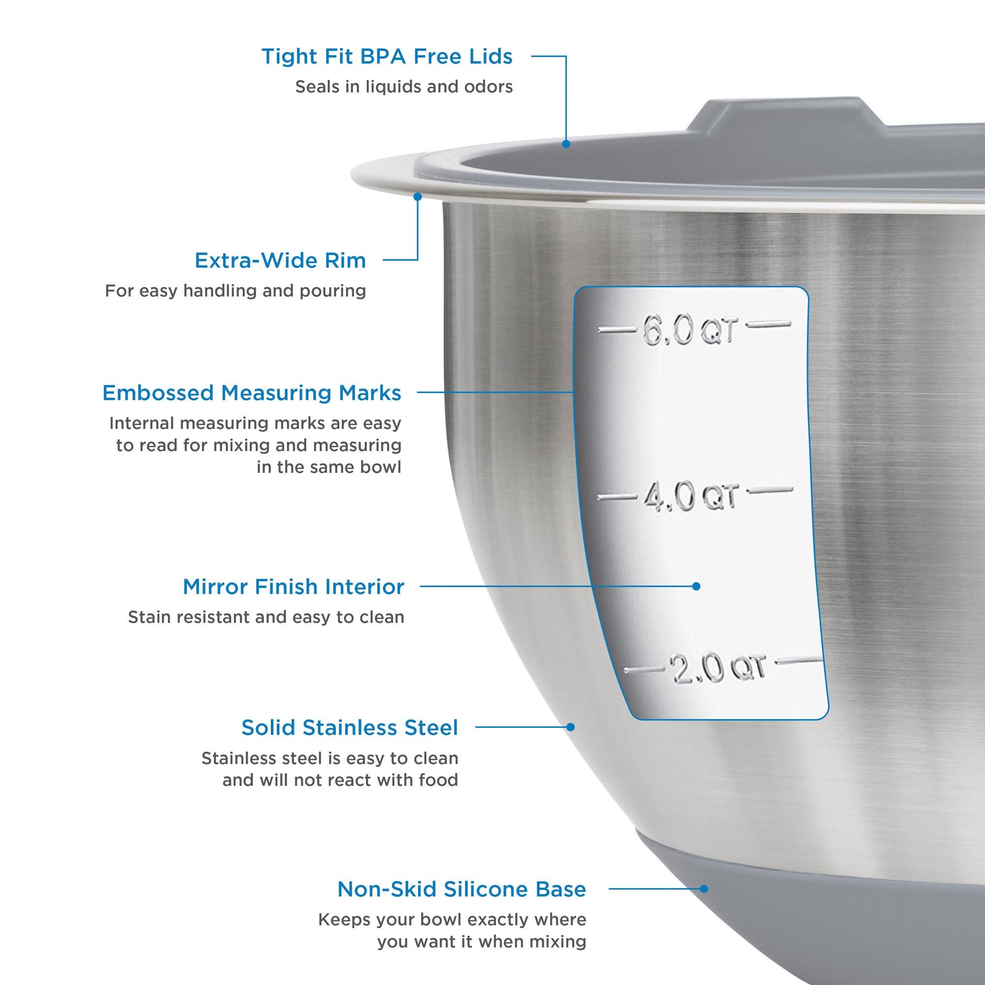 The Viking 10-Piece Stainless Steel Mixing Bowl Set with Lids by Viking Culinary Products features BPA-free airtight lids, extra-wide rims, embossed measuring marks, mirror-finish interiors, solid stainless steel, non-skid silicone bases, and compact storage.