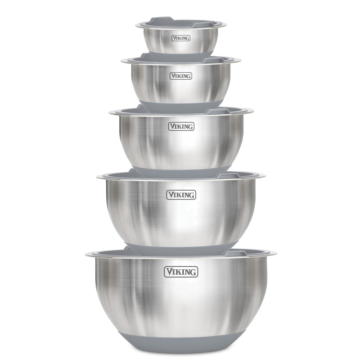 The Viking Culinary Products 10-Piece Stainless Steel Mixing Bowl Set with Lids, Gray, features bowls of assorted sizes stacked together for compact storage, shown against a white background.