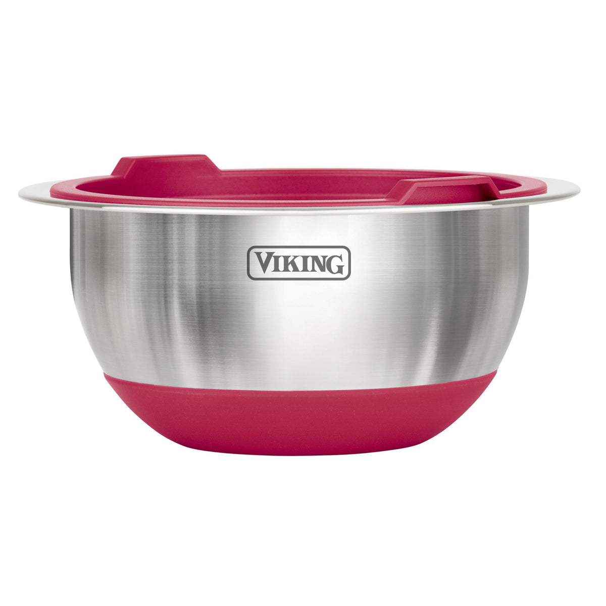 The Viking 10-Piece Stainless Steel Mixing Bowl Set with Lids by Viking Culinary Products features red silicone bases and matching rims for added stability and grip. This versatile, nesting set is shown against a white background.