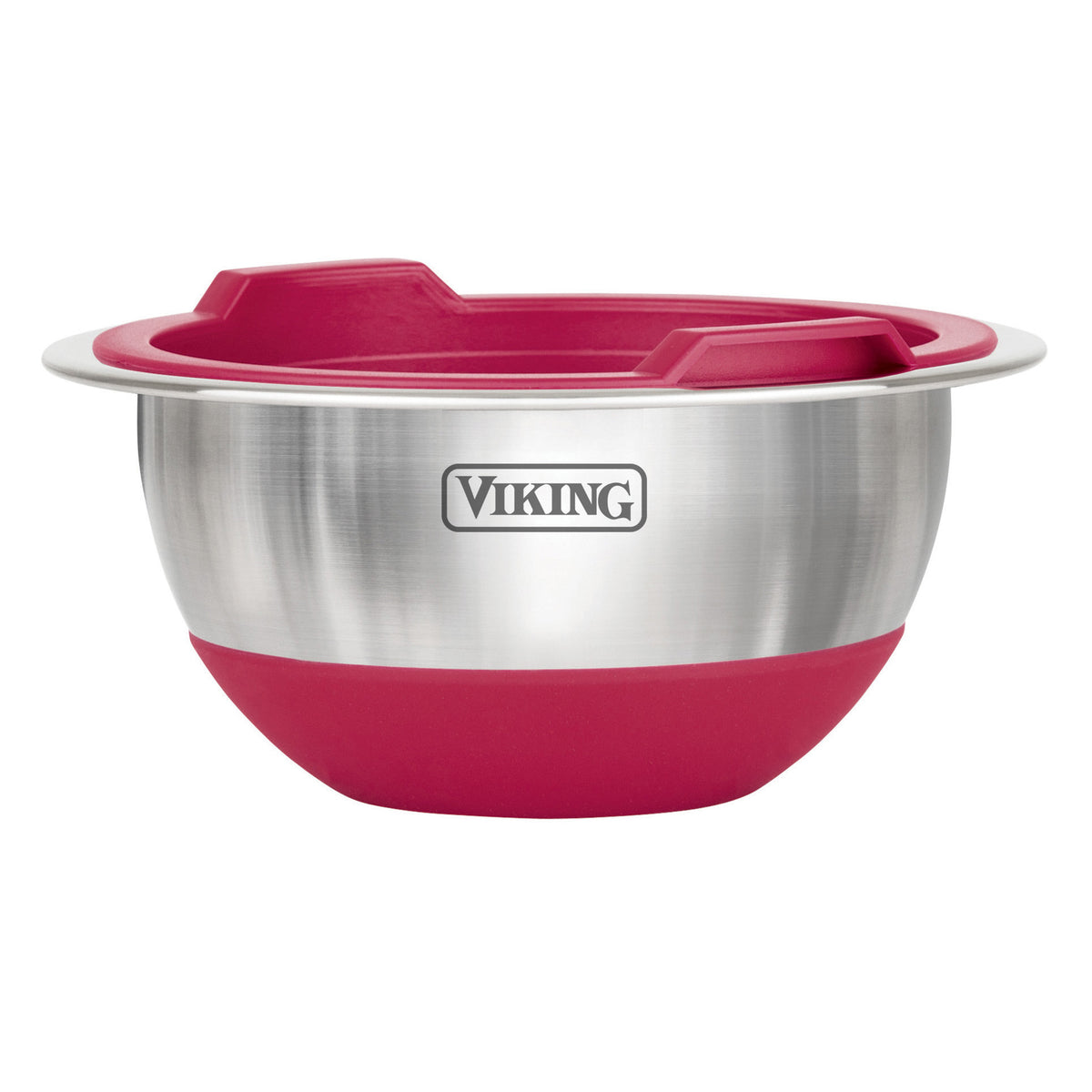 The Viking 10-Piece Stainless Steel Mixing Bowl Set with Lids, Red by Viking Culinary Products features bowls with red silicone bases, wide rims, dual pour spouts, and the Viking logo on the front. It’s part of the Viking mixing bowls collection.