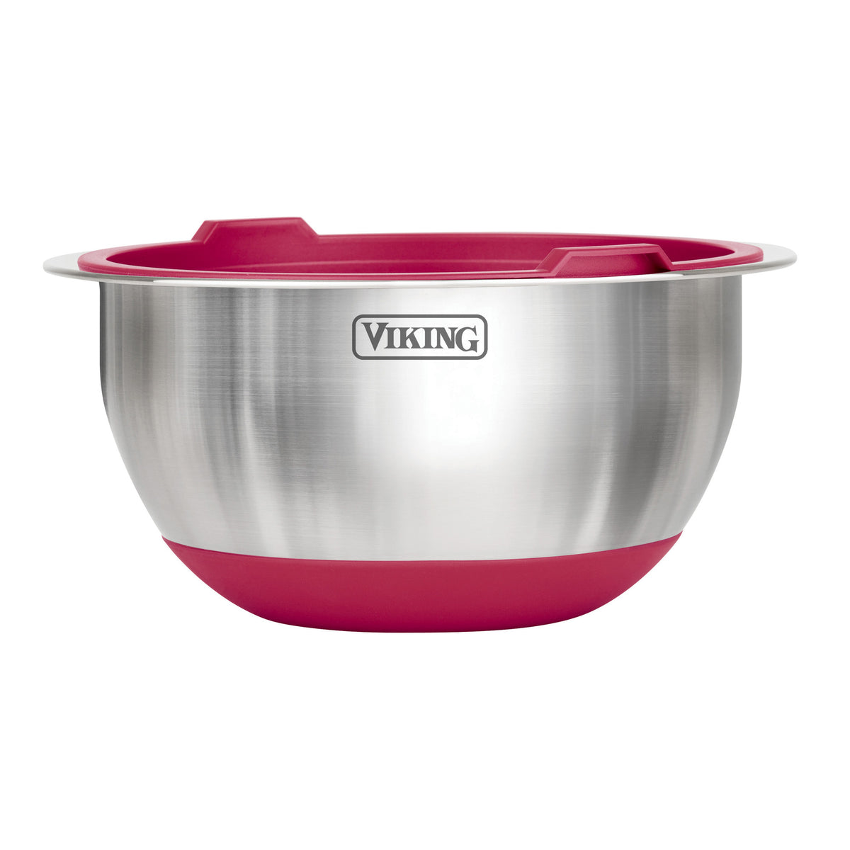 The Viking Culinary 10-Piece Stainless Steel Mixing Bowl Set with Lids in red features stylish nesting bowls, each with a red rubber base and red silicone rim grip, displayed against a white background.