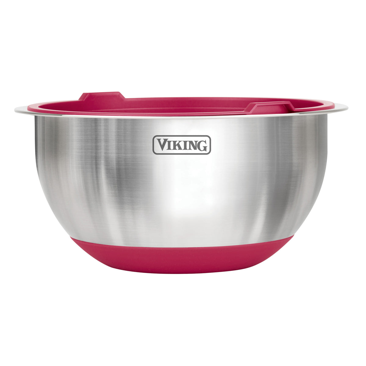 The Viking 10-Piece Stainless Steel Mixing Bowl Set with Lids, Red by Viking Culinary Products features bowls with red non-slip bases, red rim accents, and "Viking" printed on the side. Part of the Viking nesting bowls collection.