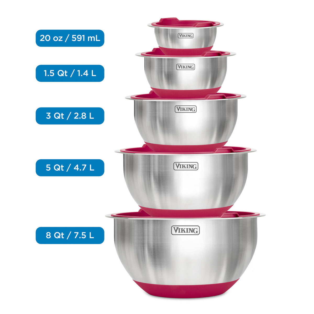 The Viking Culinary Products 10-piece stainless steel mixing bowl set includes bowls with silicone bases and airtight lids, labeled by capacity (20 oz, 1.5 qt, 3 qt, 5 qt, and 8 qt) and their metric equivalents. Bowls nest for storage.