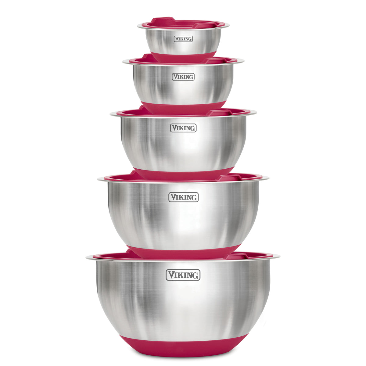 The Viking 10-Piece Stainless Steel Mixing Bowl Set with Lids features five nesting bowls with red silicone bases and airtight lids. Each bowl is labeled “Viking” on the side. From Viking Culinary Products.