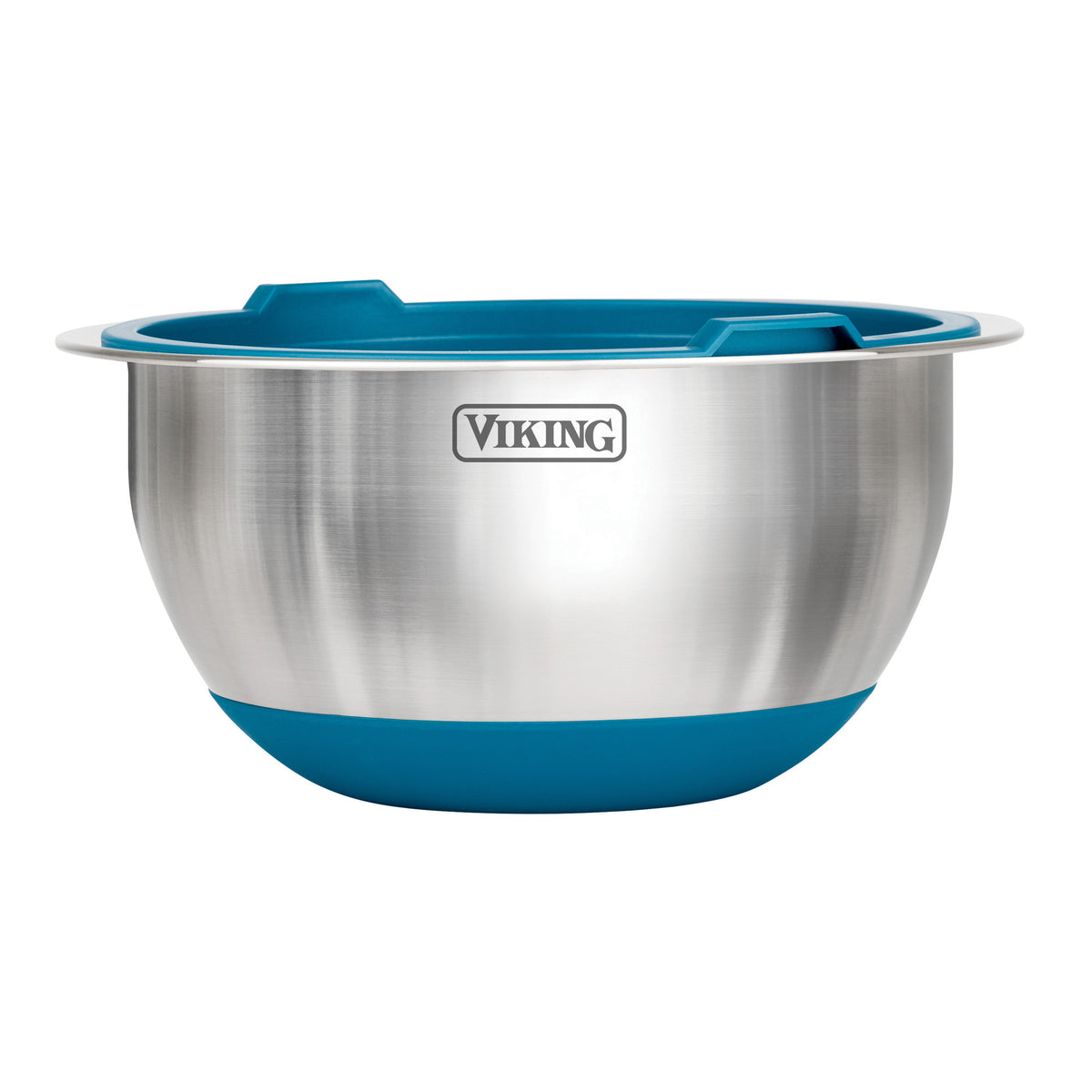 The Viking Culinary Products 10-Piece Stainless Steel Mixing Bowl Set with Lids in teal features compact storage design, two small handles, a teal blue base and rim, and the Viking logo on the front—perfect for any kitchen.