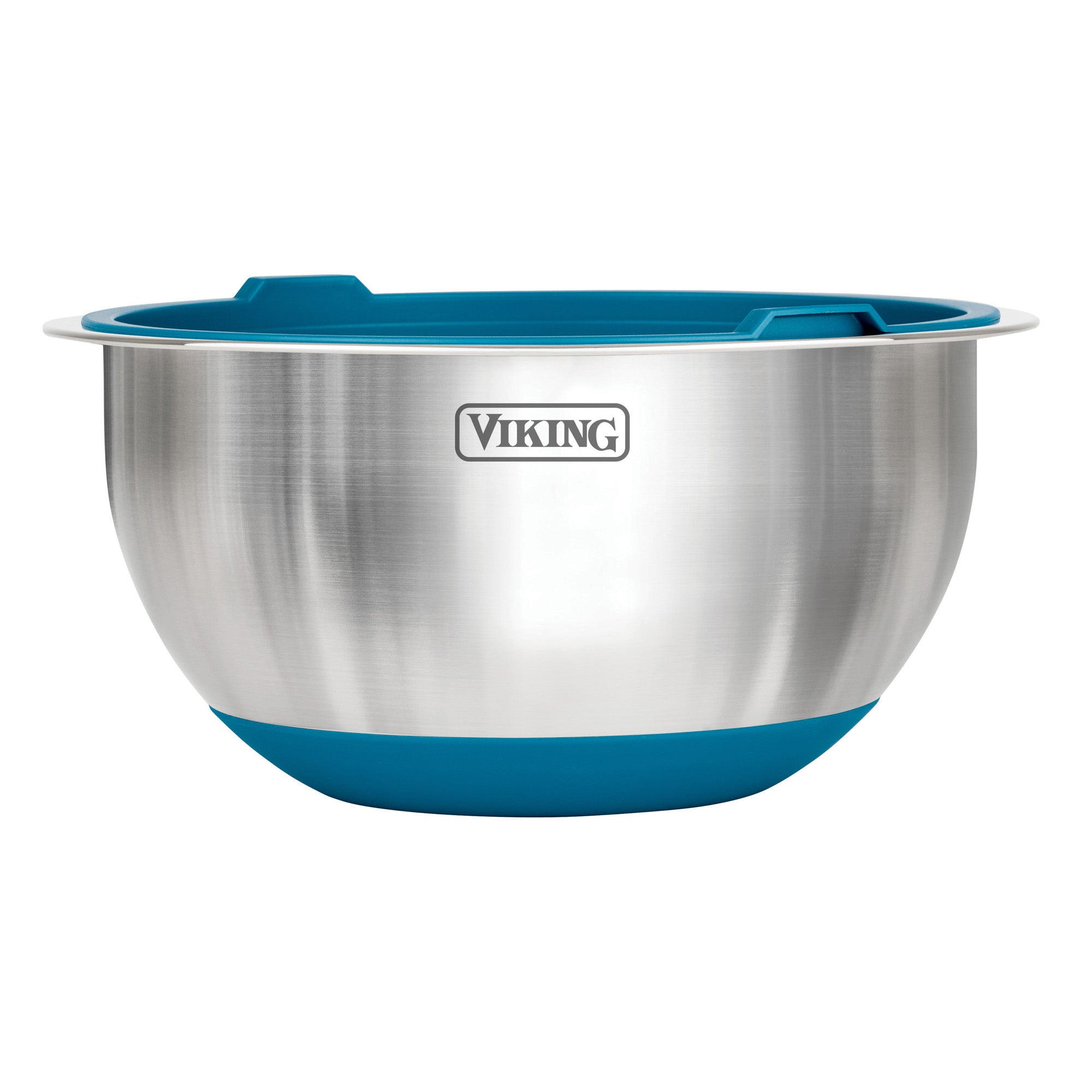 The Viking Culinary Products 10-Piece Stainless Steel Mixing Bowl Set with Lids in teal features bowls with silicone bases and grips for compact storage, displayed against a white background.