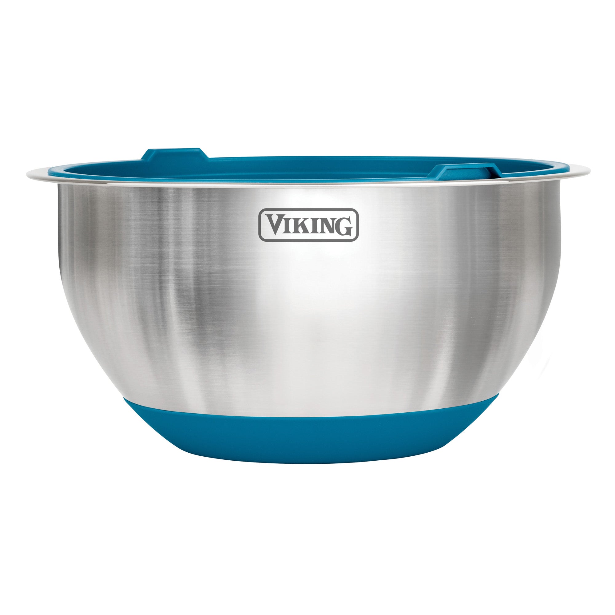 The Viking 10-Piece Stainless Steel Mixing Bowl Set with Lids by Viking Culinary Products features teal non-slip bases and rims, the Viking logo on the side, and is designed for compact storage and easy stacking with other bowls.