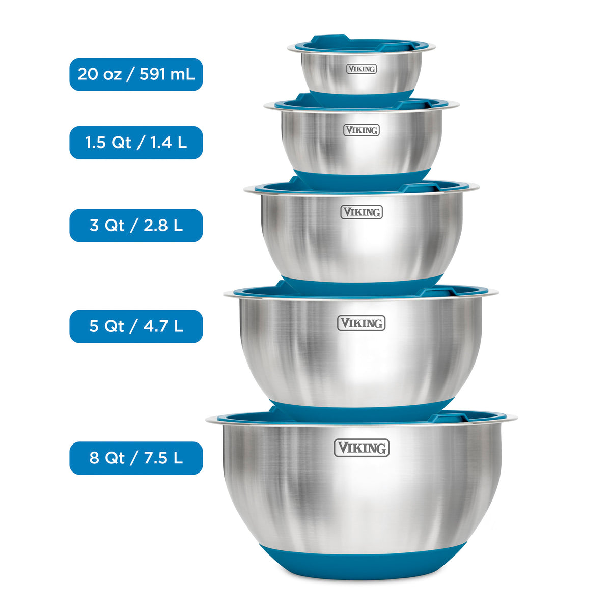 The Viking 10-Piece Stainless Steel Mixing Bowl Set with Teal lids nests for compact storage and features capacity labels: 20 oz/591 mL, 1.5 Qt/1.4 L, 3 Qt/2.8 L, 5 Qt/4.7 L, and 8 Qt/7.5 L. From Viking Culinary Products.