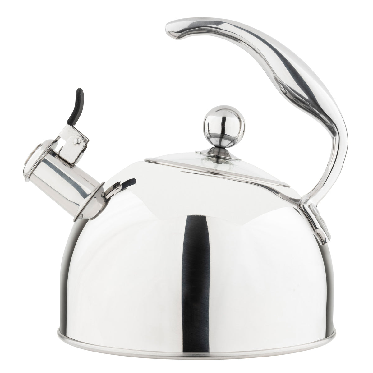 The Viking 2.6-Quart Mirrored Stainless Steel Whistling Kettle by Viking Culinary Products features a shiny, rounded design, ergonomic curved handle, black lever spout, induction-ready 3-ply base, and a convenient whistle alert.