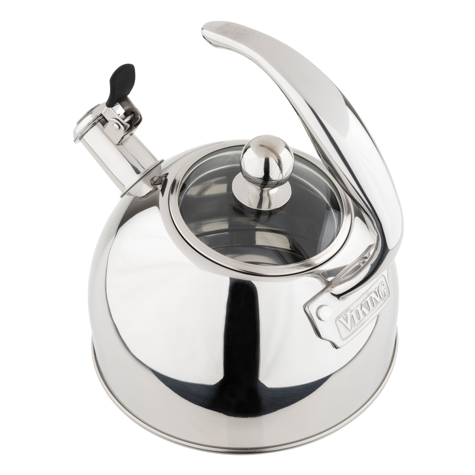 The Viking Culinary Products 2.6-Quart Mirrored Stainless Steel Whistling Kettle features a curved handle, glass lid, black lever spout, engraved brand name, and a 3-ply base—perfect for any induction stovetop.