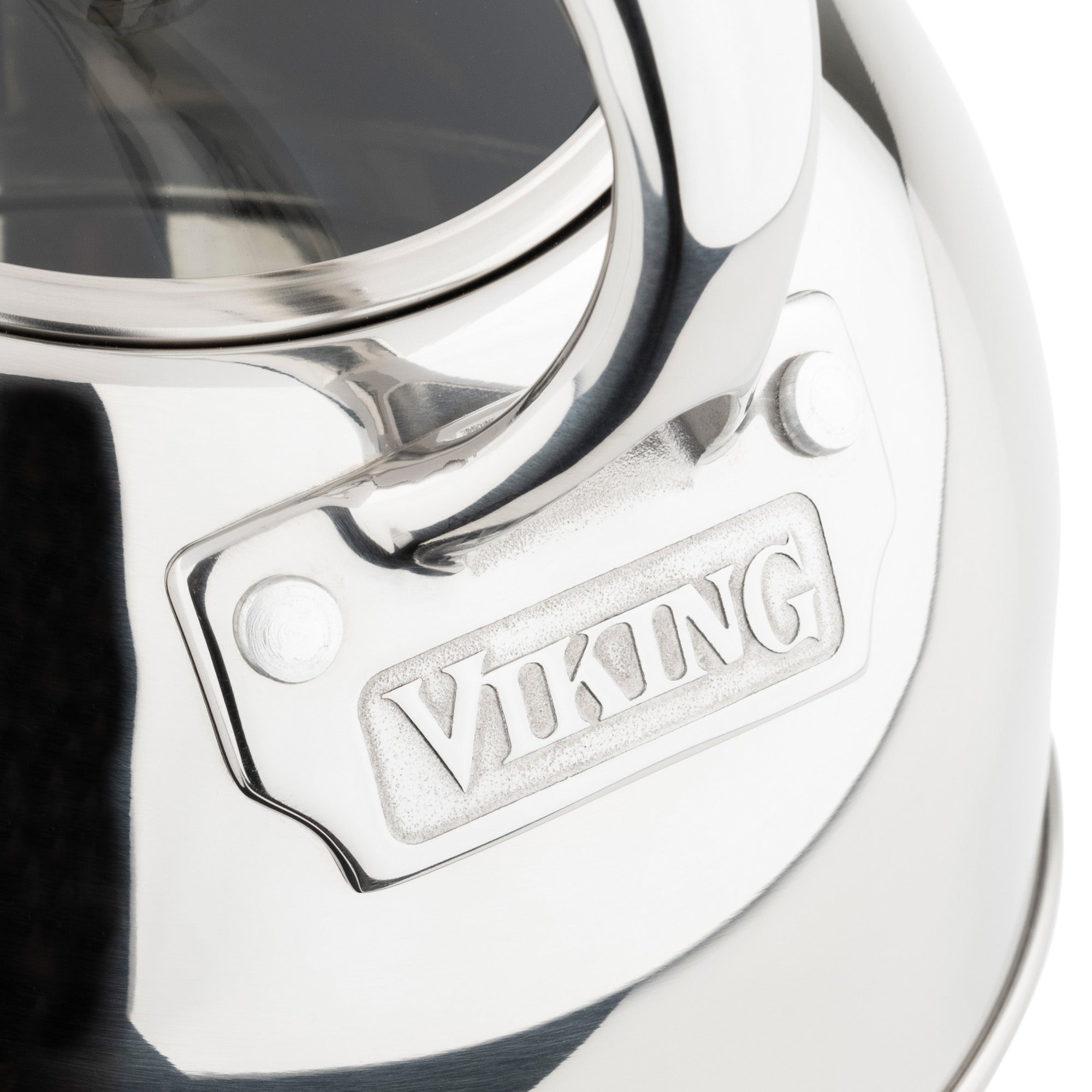 Close-up of the Viking Culinary Products 2.6-Quart Mirrored Stainless Steel Whistling Kettle with 3-ply base, featuring a handle and designed for induction stovetops, brand name embossed on a metal plate.