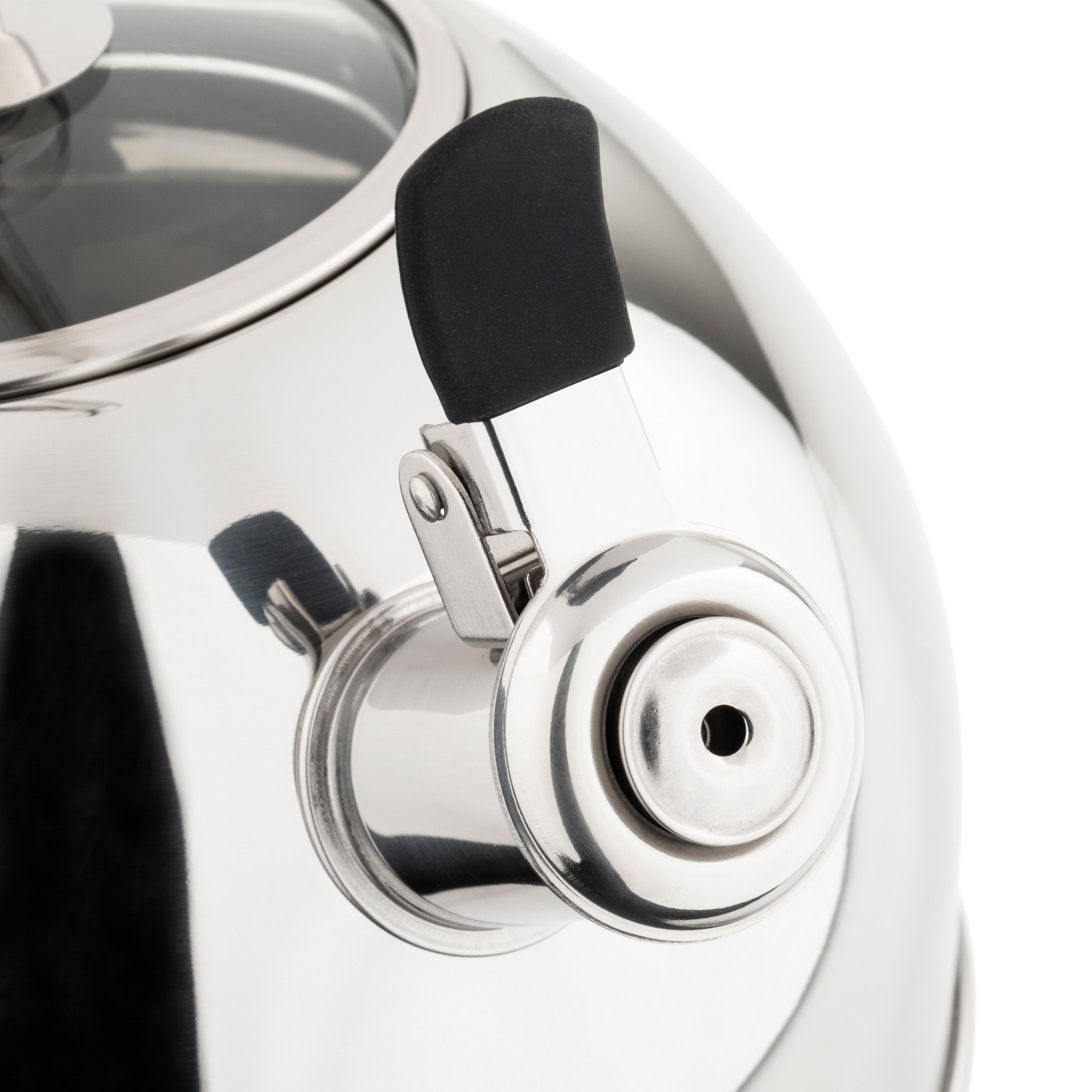 Close-up of a Viking Culinary Products 2.6-Quart Mirrored Stainless Steel Whistling Kettle spout with black lever, reflecting light and surroundings, with a portion of the lid and the 3-ply base visible.