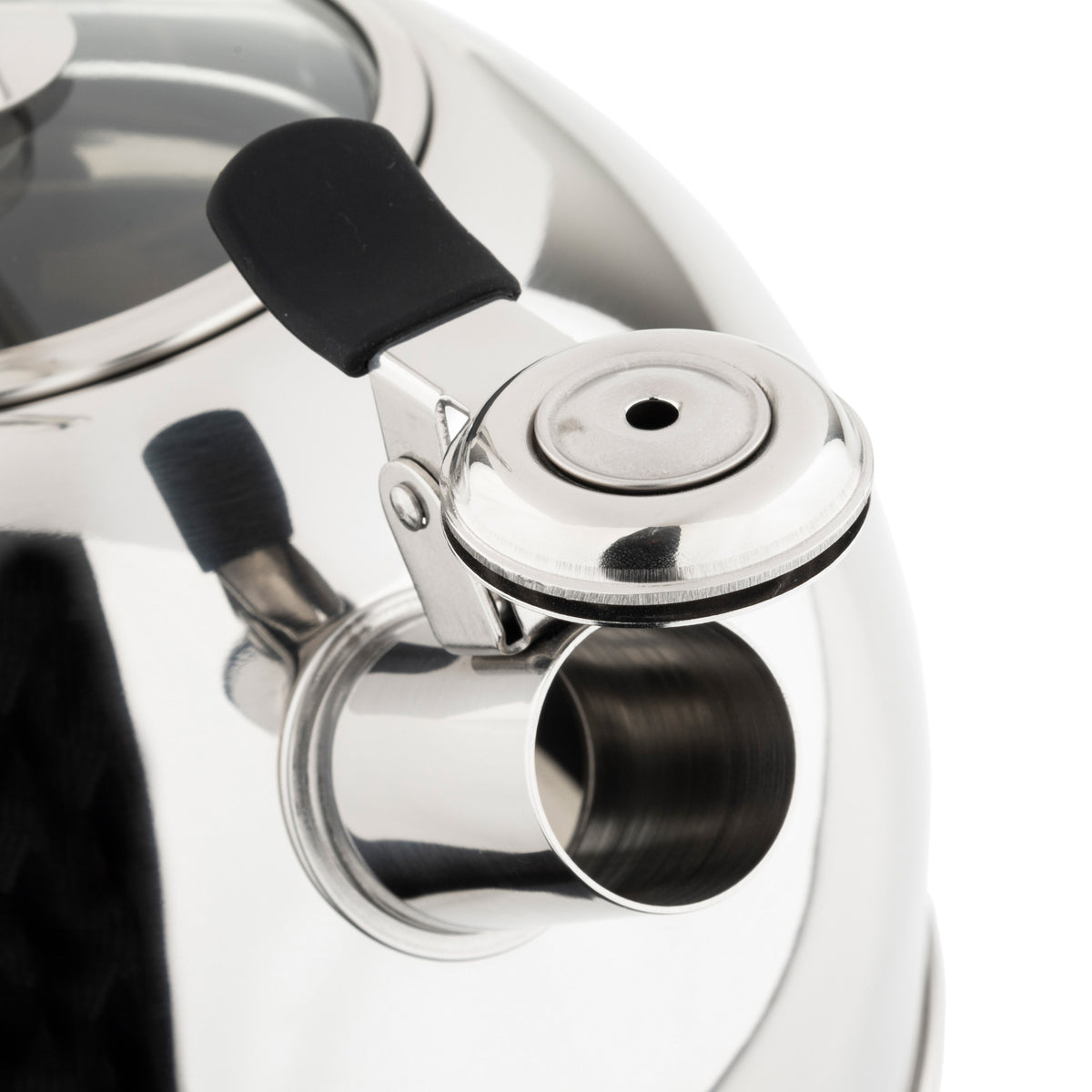 Close-up of the Viking 2.6-Quart Mirrored Stainless Steel Whistling Kettle by Viking Culinary Products, showing its partially open hinged lid, shiny reflective finish, and partially visible black handle.