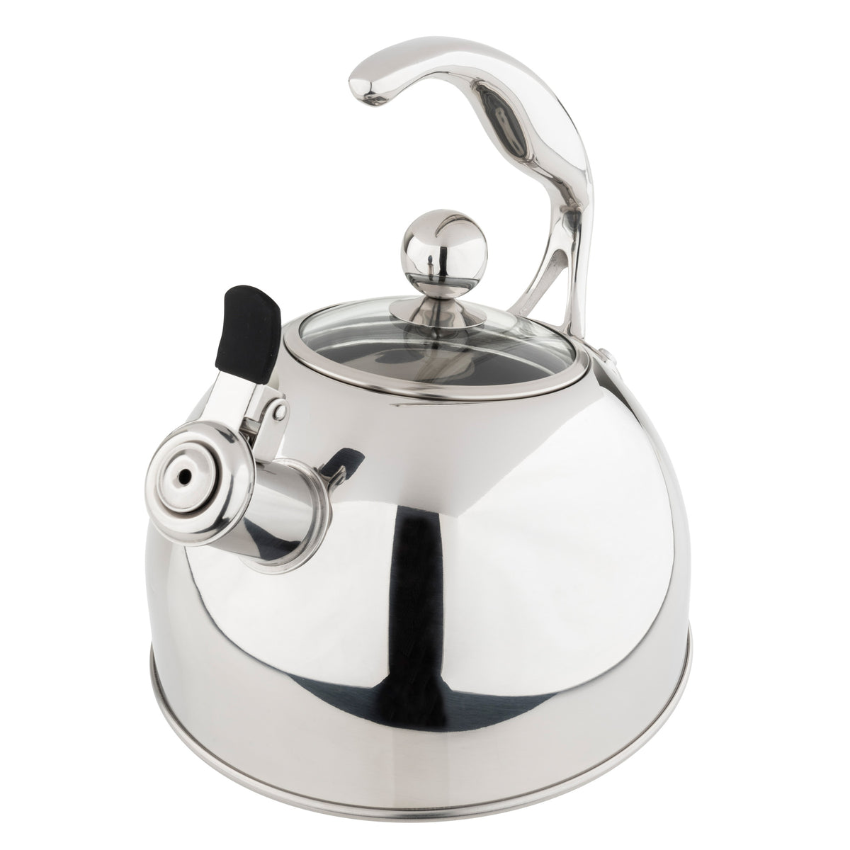 The Viking 2.6-Quart Mirrored Stainless Steel Whistling Kettle by Viking Culinary Products features a glass lid, curved handle, black spout lever, and polished finish, and is perfect for any induction stovetop with its 3-ply base.