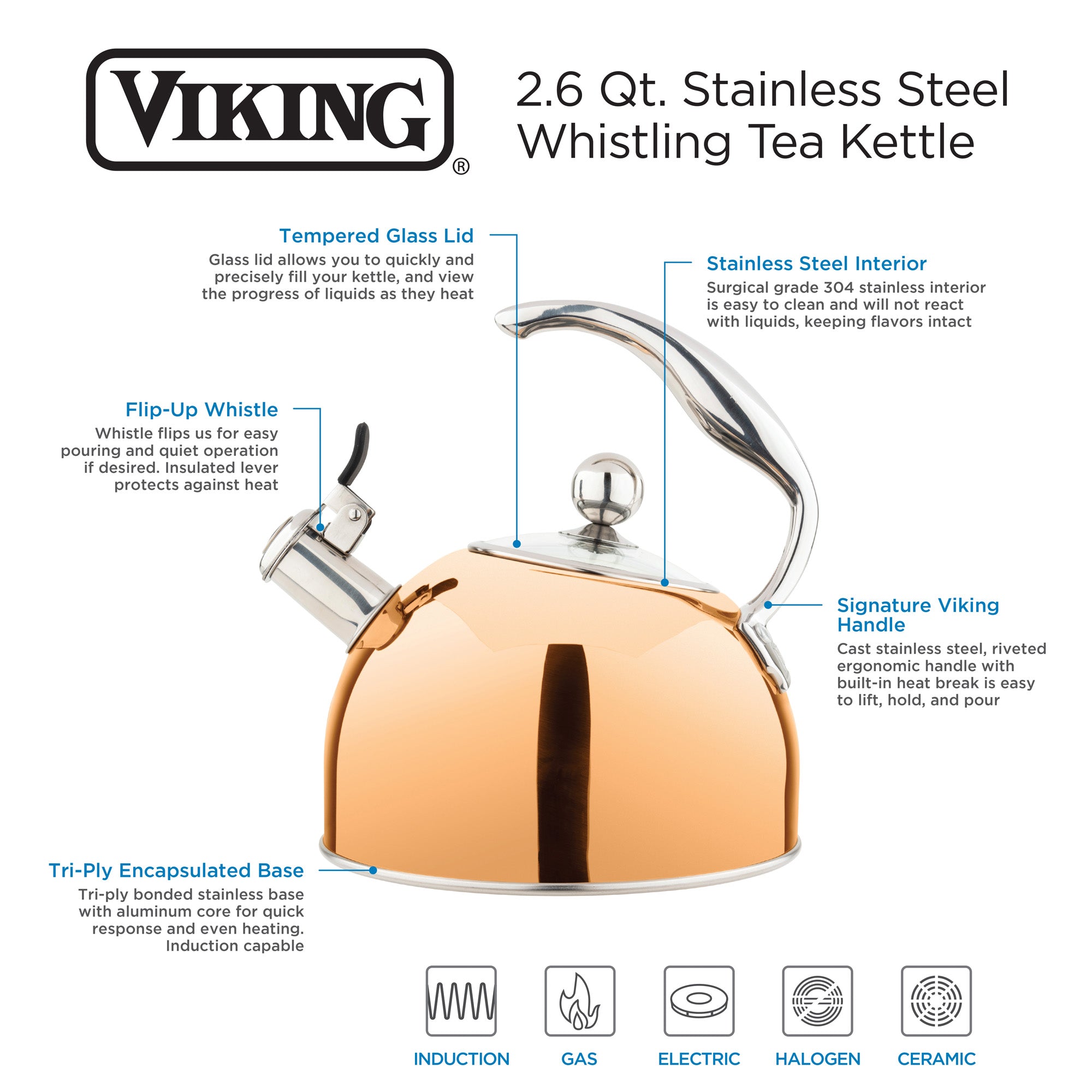 The Viking 2.6-Quart Rose Gold Stainless Steel Whistling Kettle by Viking Culinary Products features a curved handle, glass lid, black flip-up whistle, clear whistle alert, and 3-ply base for use on gas, electric, halogen, and ceramic cooktops.