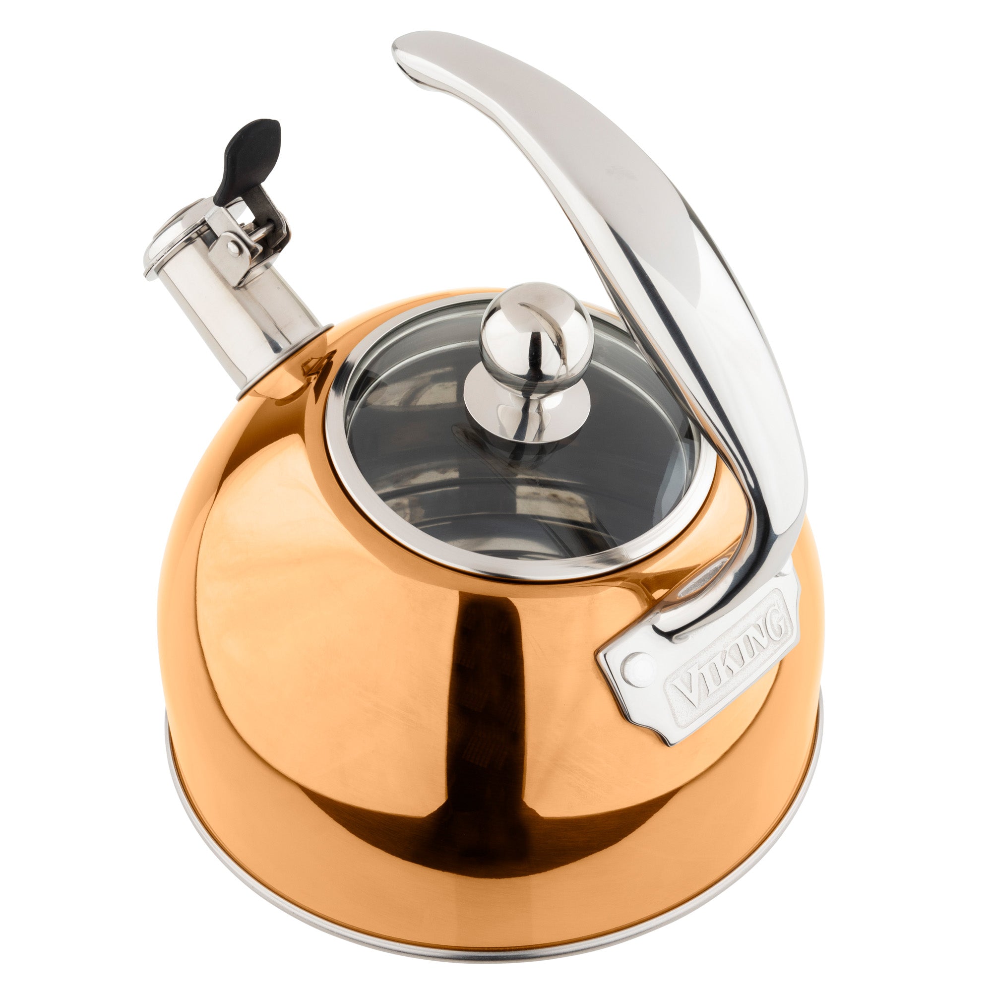 The Viking 2.6-Quart Rose Gold Stainless Steel Whistling Kettle by Viking Culinary Products features a glass lid, silver handle and spout cap, and a VIKING label on the handle base, shown on a white background.