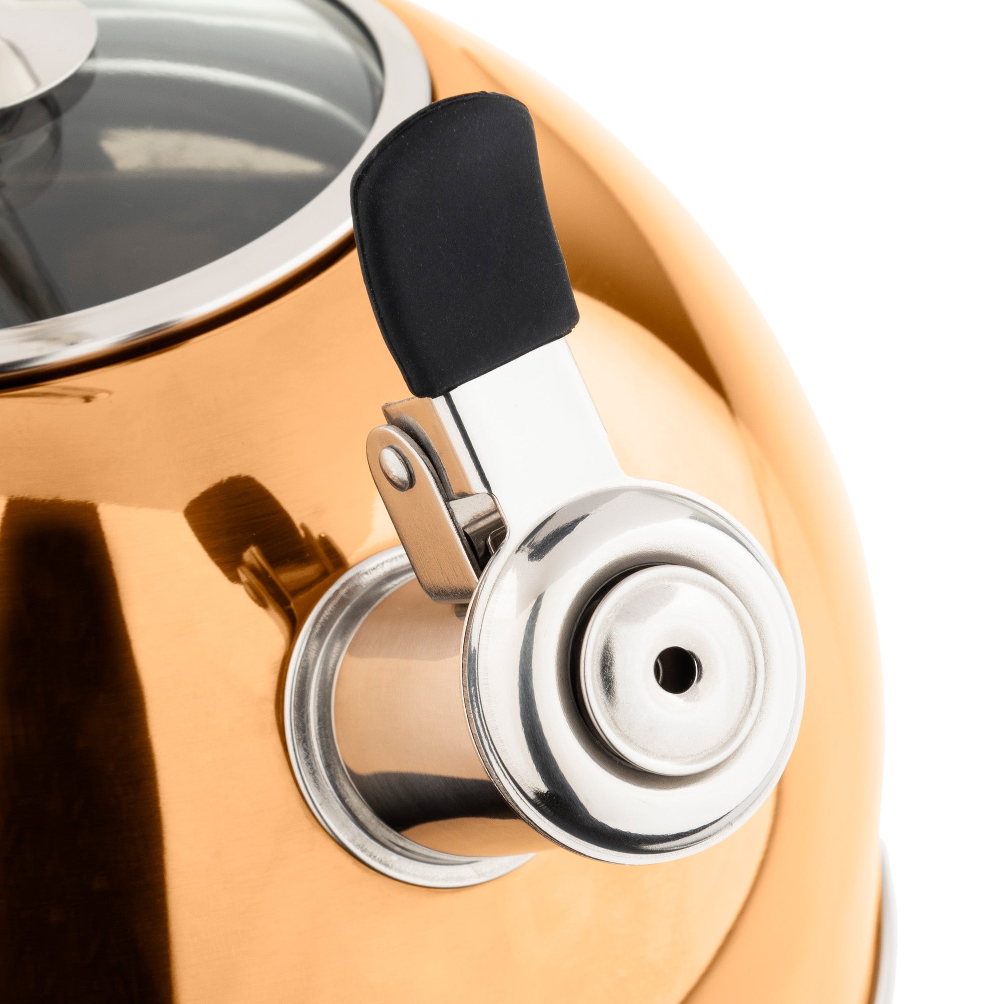 Close-up of the Viking 2.6-Quart Rose Gold Stainless Steel Whistling Kettle by Viking Culinary Products, featuring a metallic spout, black handle, shiny rose gold finish, glass lid, and a modern 3-ply base design.