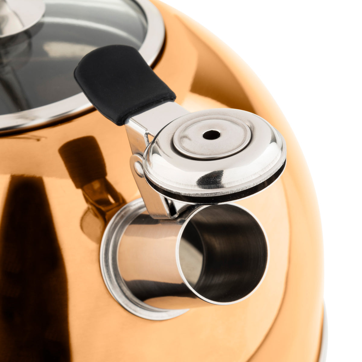 Close-up of the Viking 2.6-Quart Rose Gold Stainless Steel Whistling Kettle by Viking Culinary Products, featuring a shiny spout, stainless steel and black plastic lid with glass top—ideal for any induction stovetop with its 3-ply base.