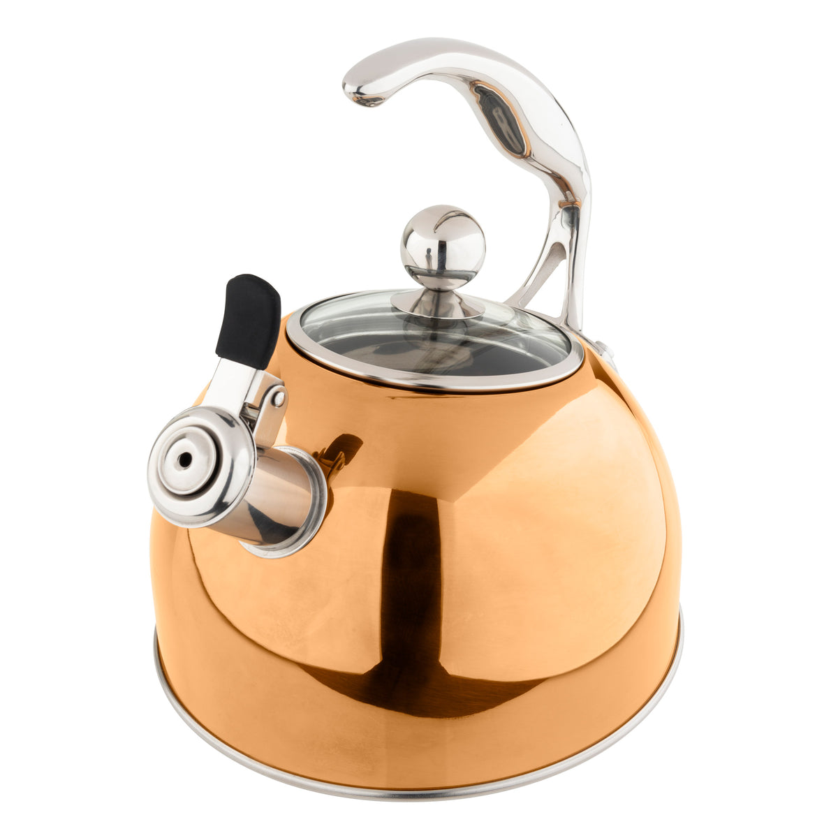 The Viking 2.6-Quart Rose Gold Stainless Steel Whistling Kettle from Viking Culinary Products features a silver handle and spout, glass lid, black lever, and 3-ply base, adding elegance and versatility to your kitchen.
